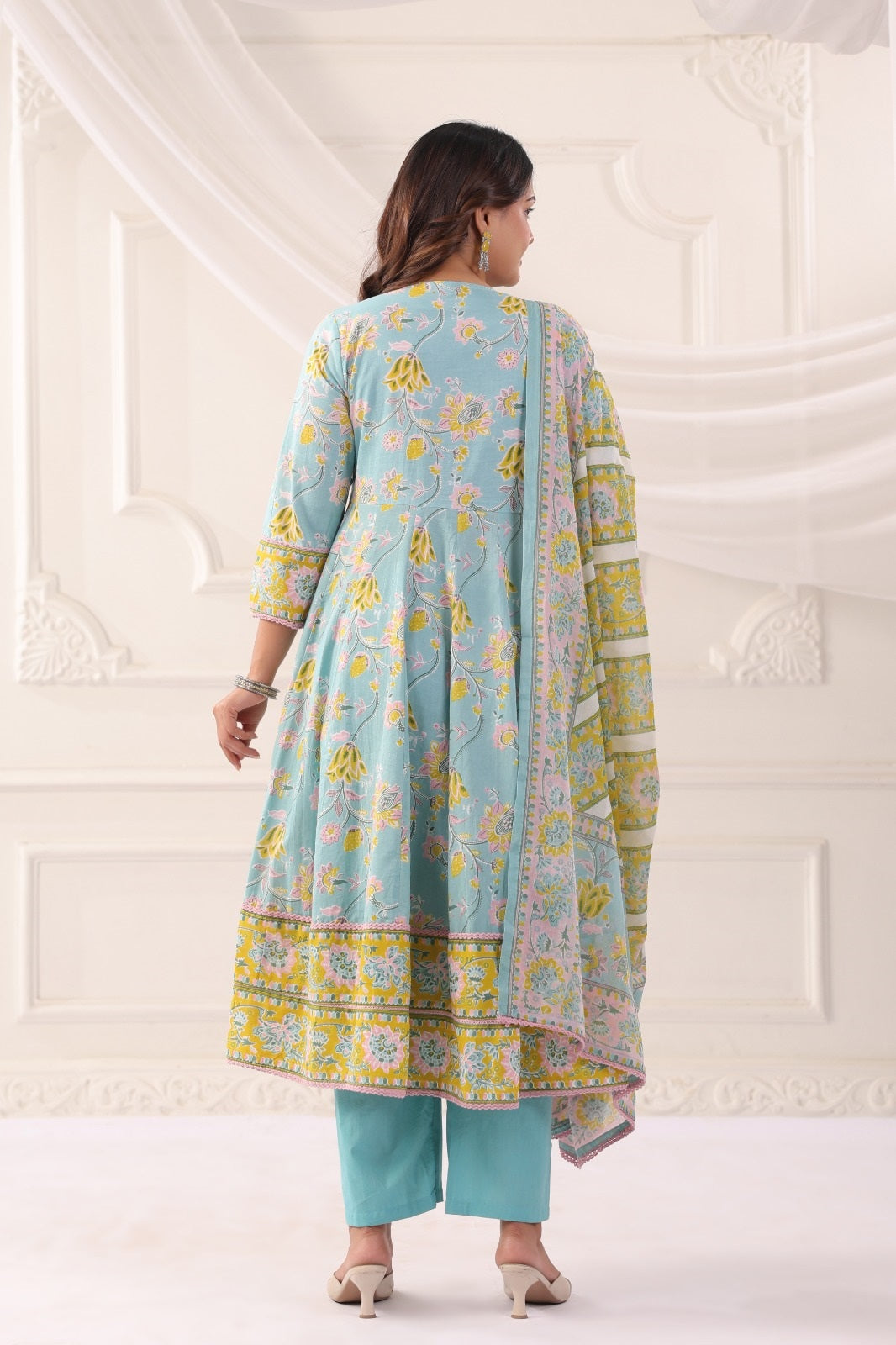Ayana Aqua Blue Cotton Anarkali Suit Set For Women