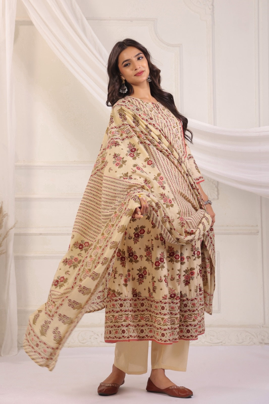 Ramya Beige Maroon Cotton Anarkali Suit Set For Women