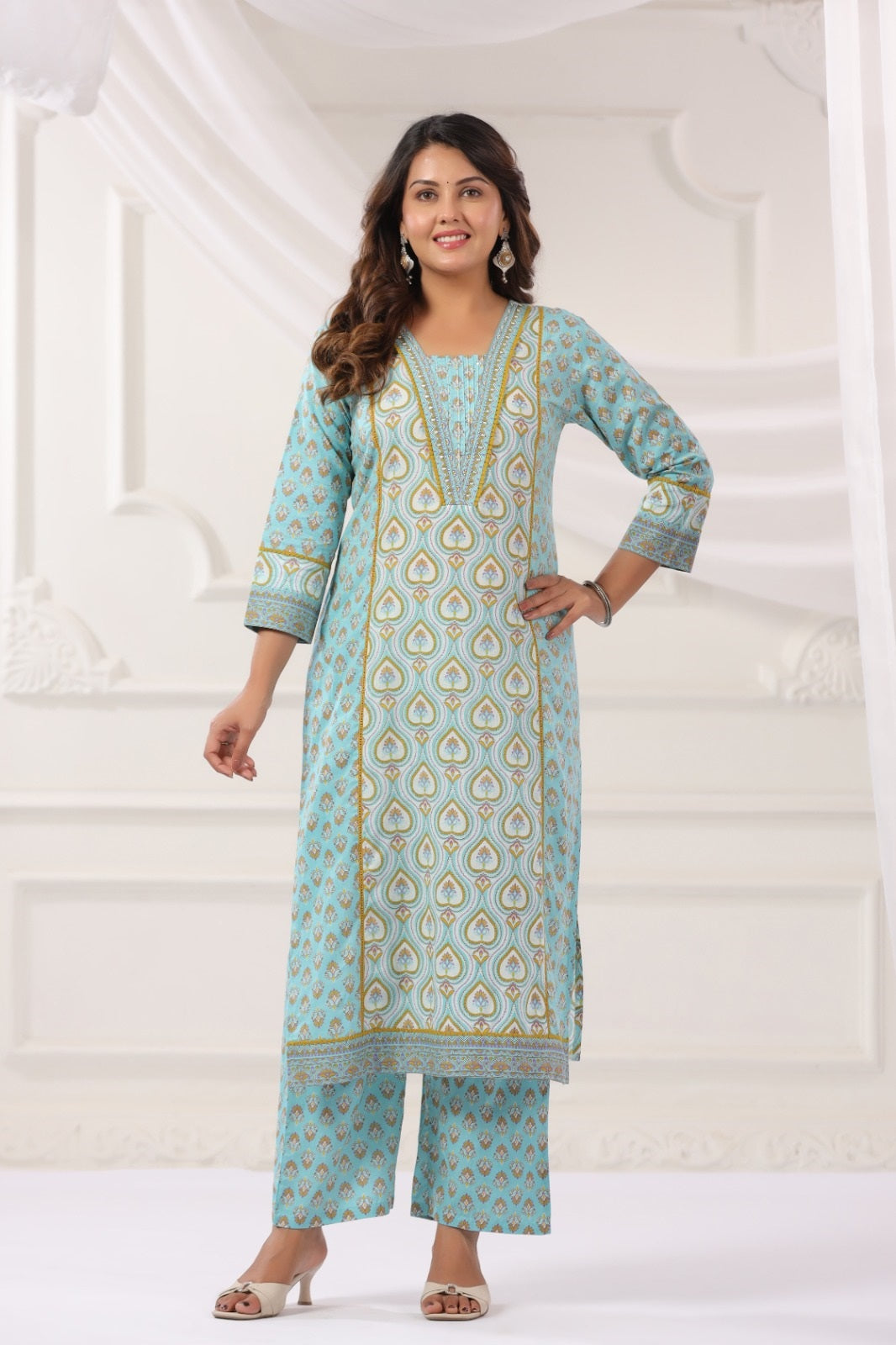 Kavya Aqua Blue Cotton Suit Set For Women
