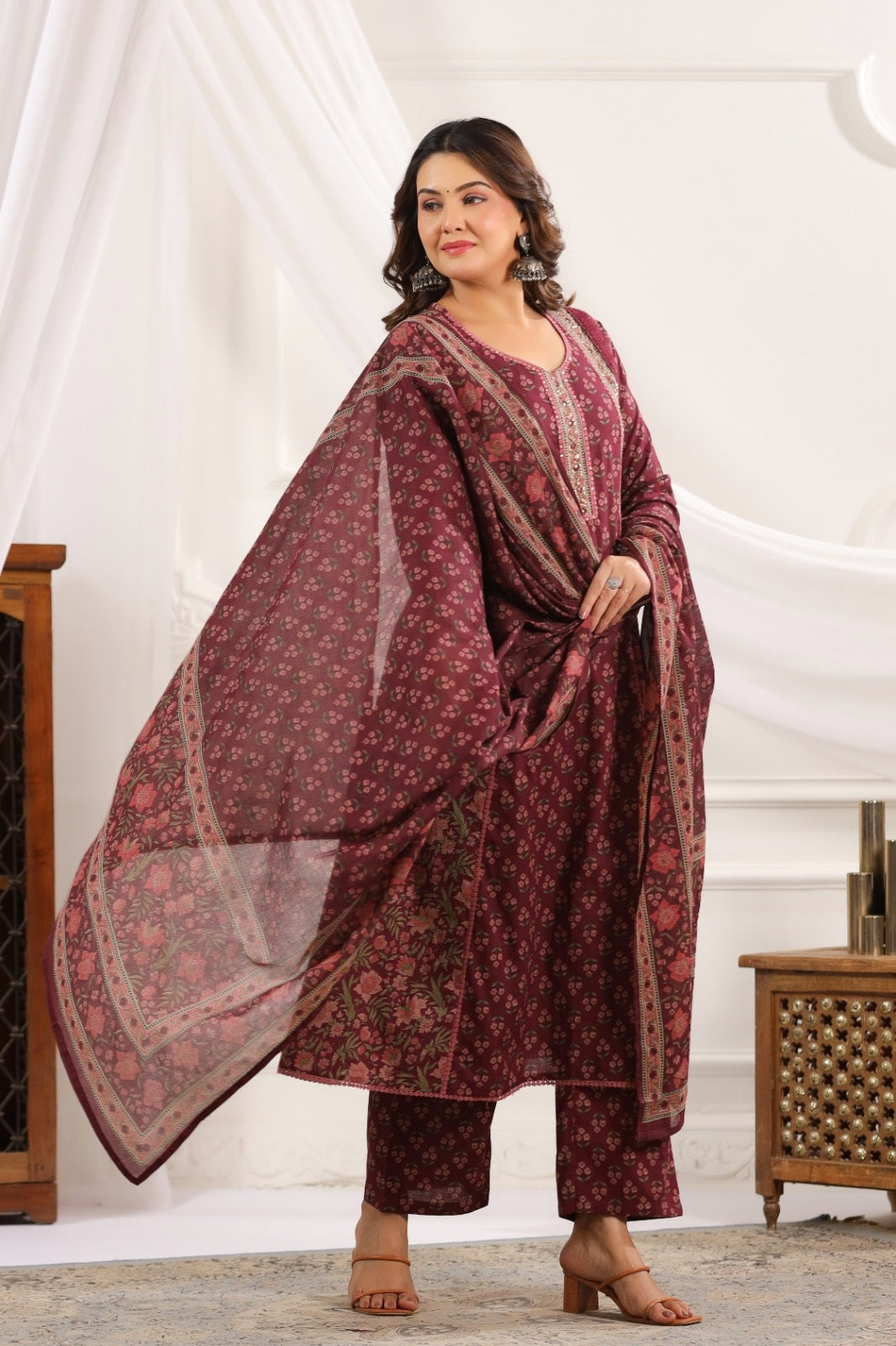Chhavi Wine Cotton A Line Suit Set