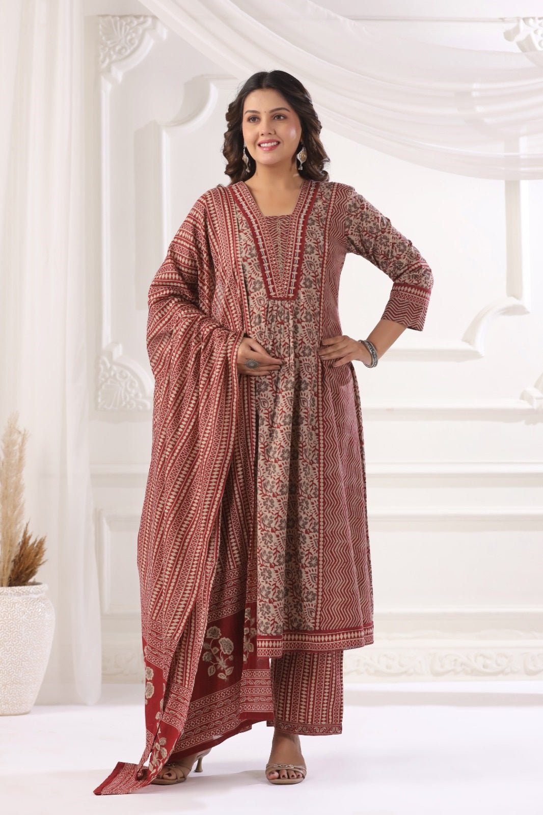 Meera Maroon Cotton A Line Suit Set For Women