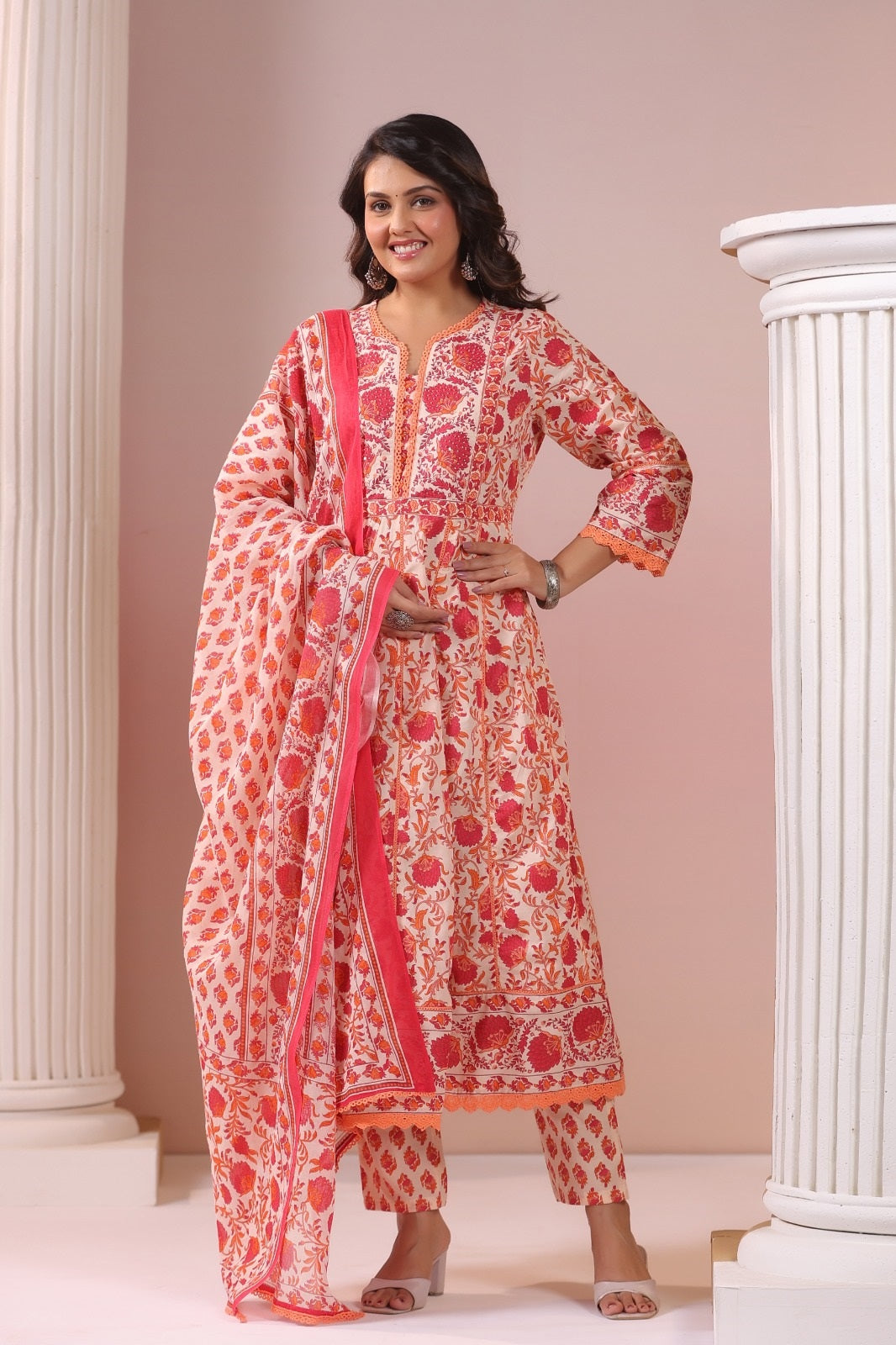 Madiha Red Cotton Anarkali Suit Set