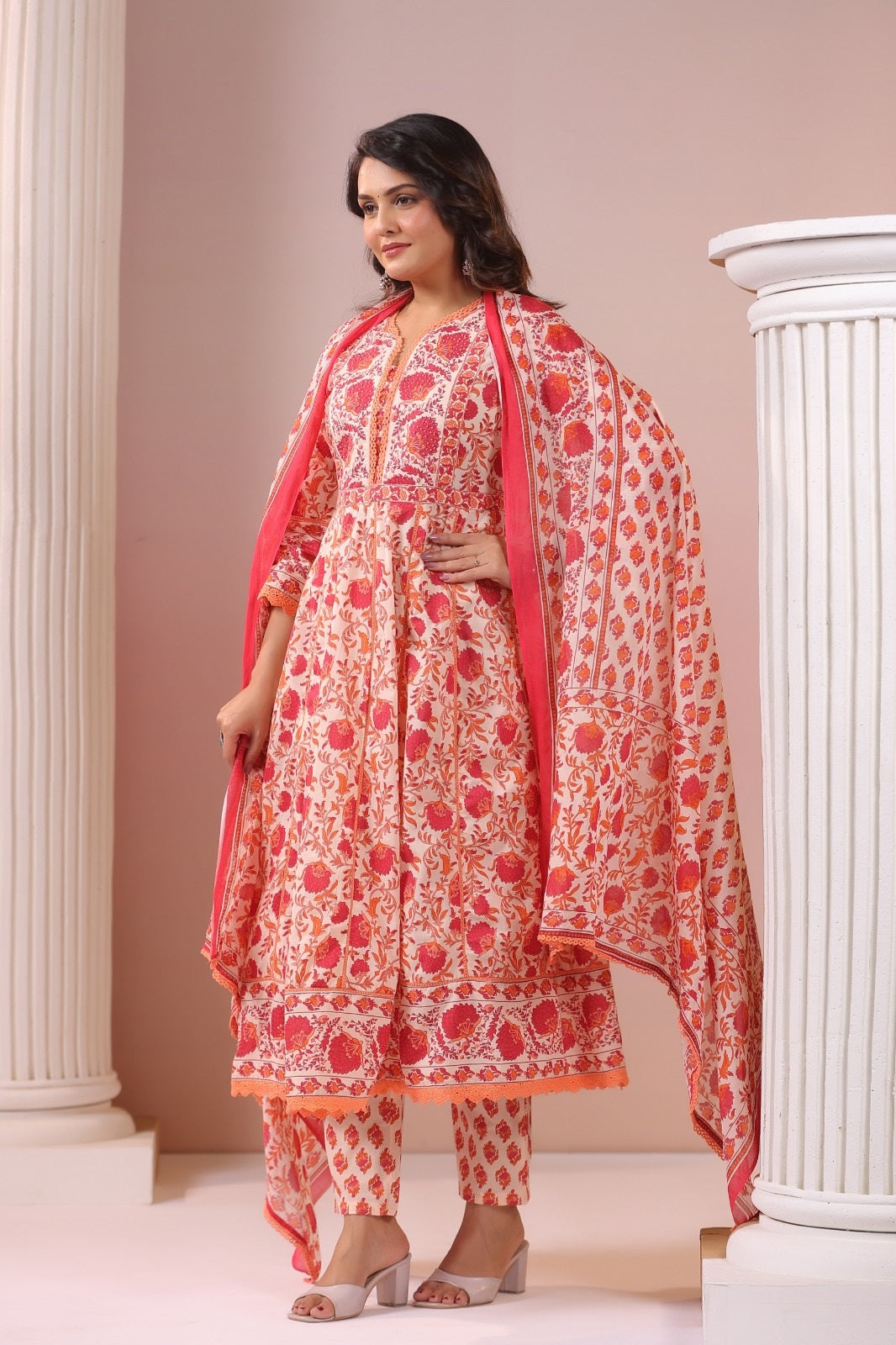 Madiha Red Cotton Anarkali Suit Set