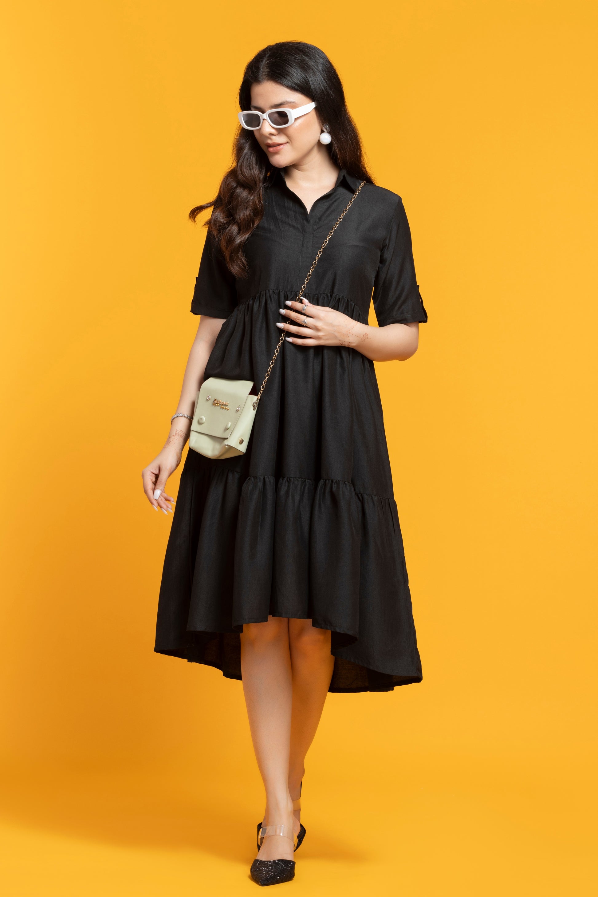Black Tiered Midi Dress Sansmaran Black Tiered Midi Dress Sansmaran