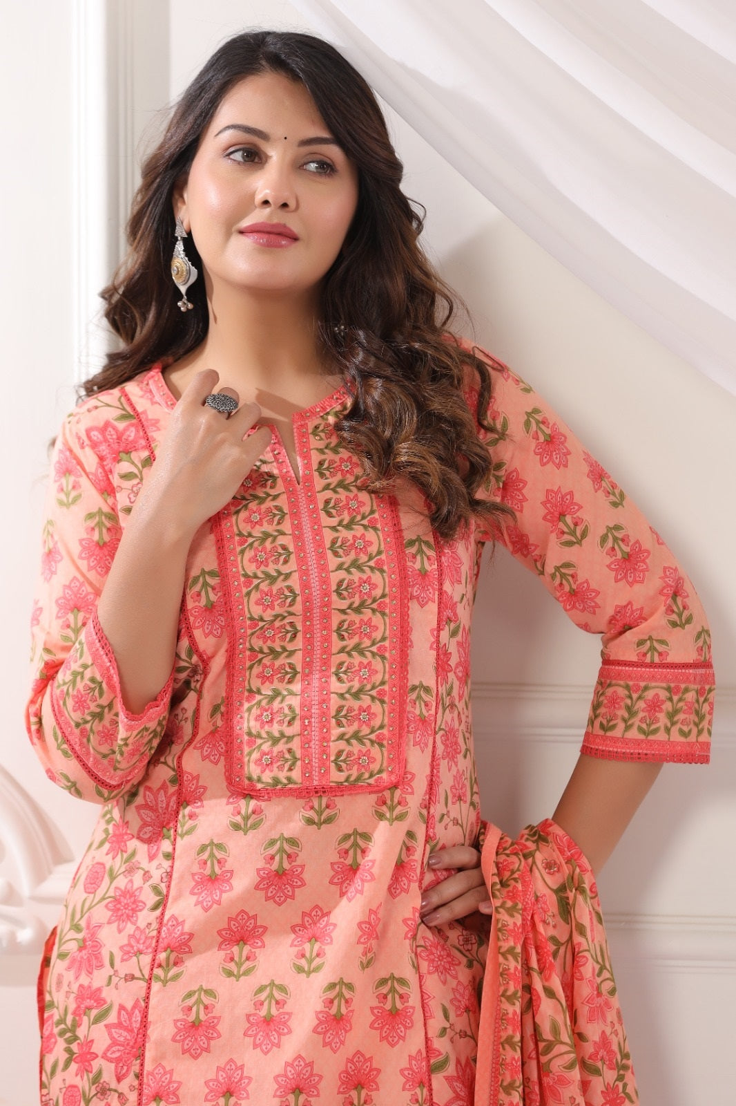 Kanishka Peach Cotton Suit Set For Women
