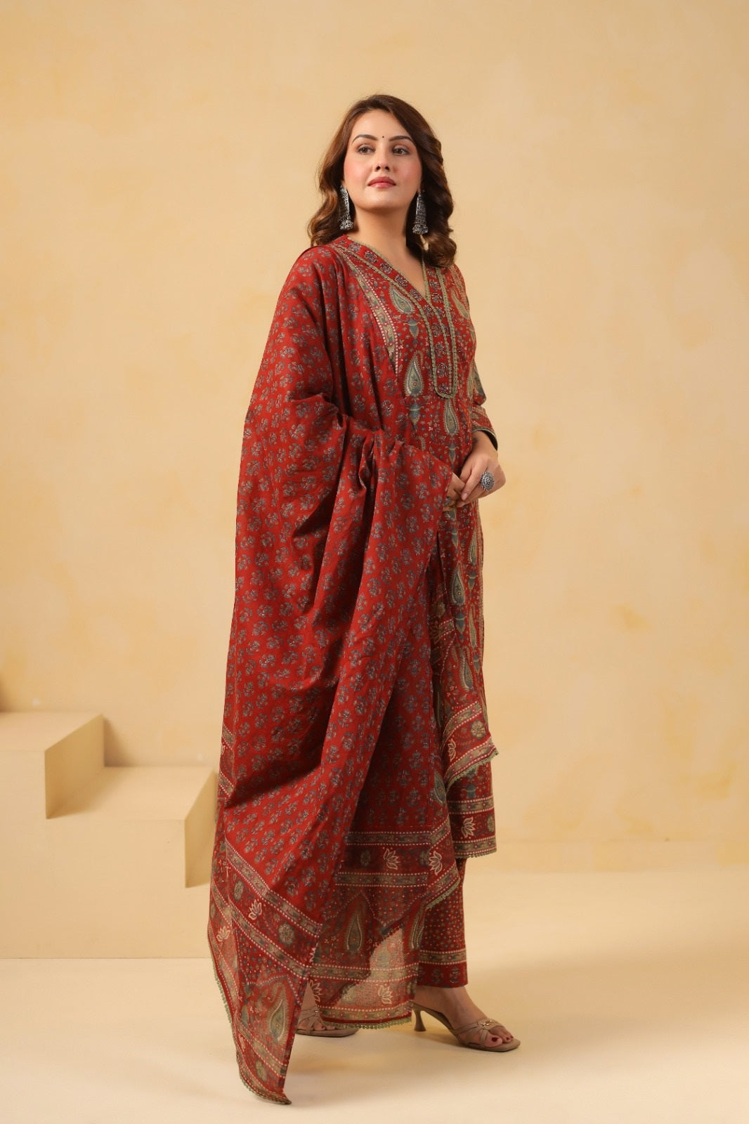 Bhagya Maroon Cotton Suit Set For Women