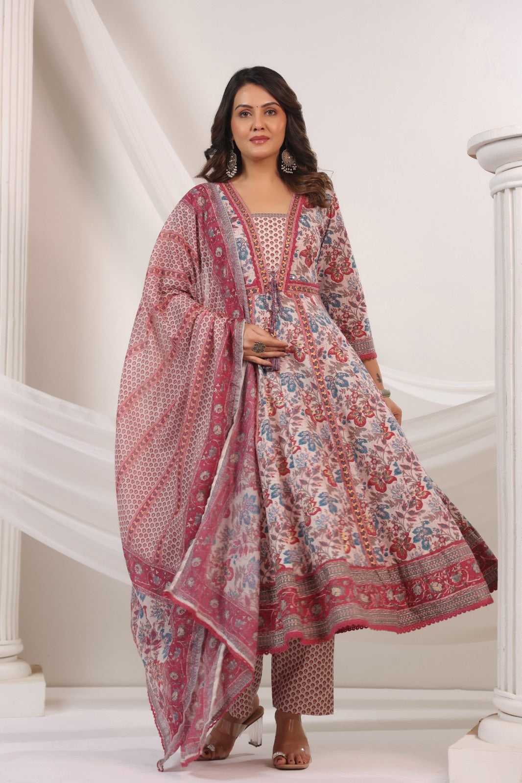Ambar Blue & Maroon Cotton Anarkali Suit Set