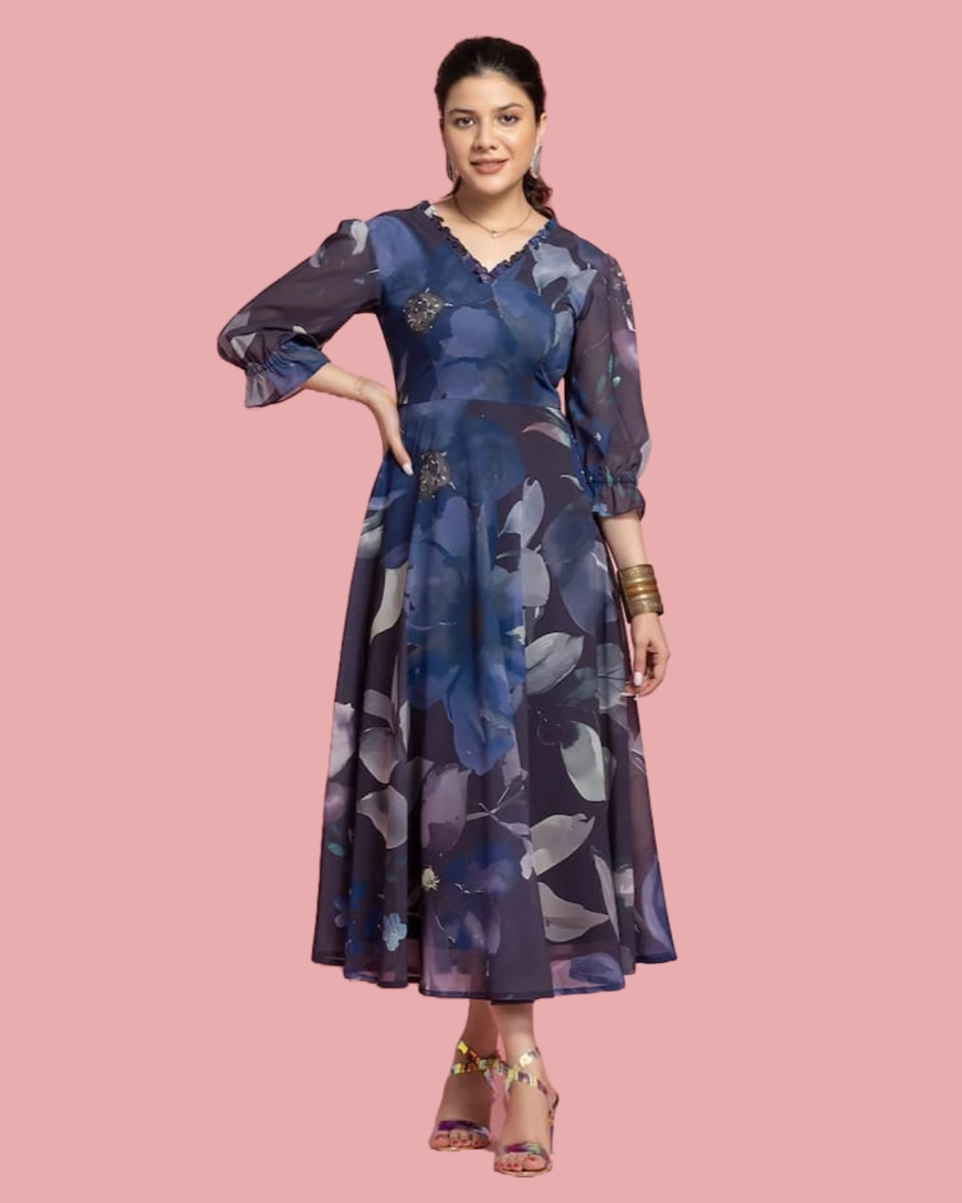 Ocean Leaves Printed Party Gown