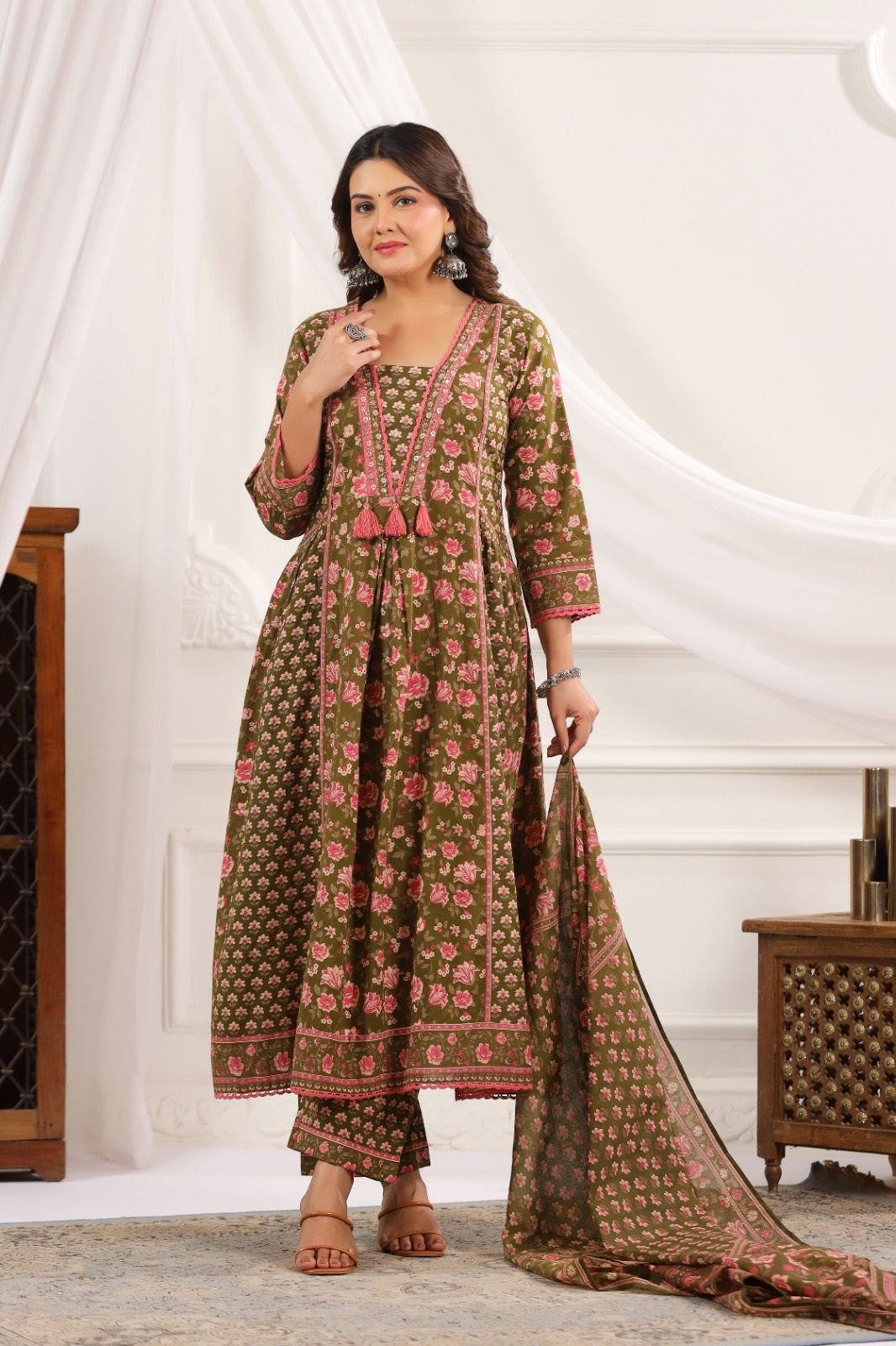 Mahika Green Cotton A Line Suit Set For Women