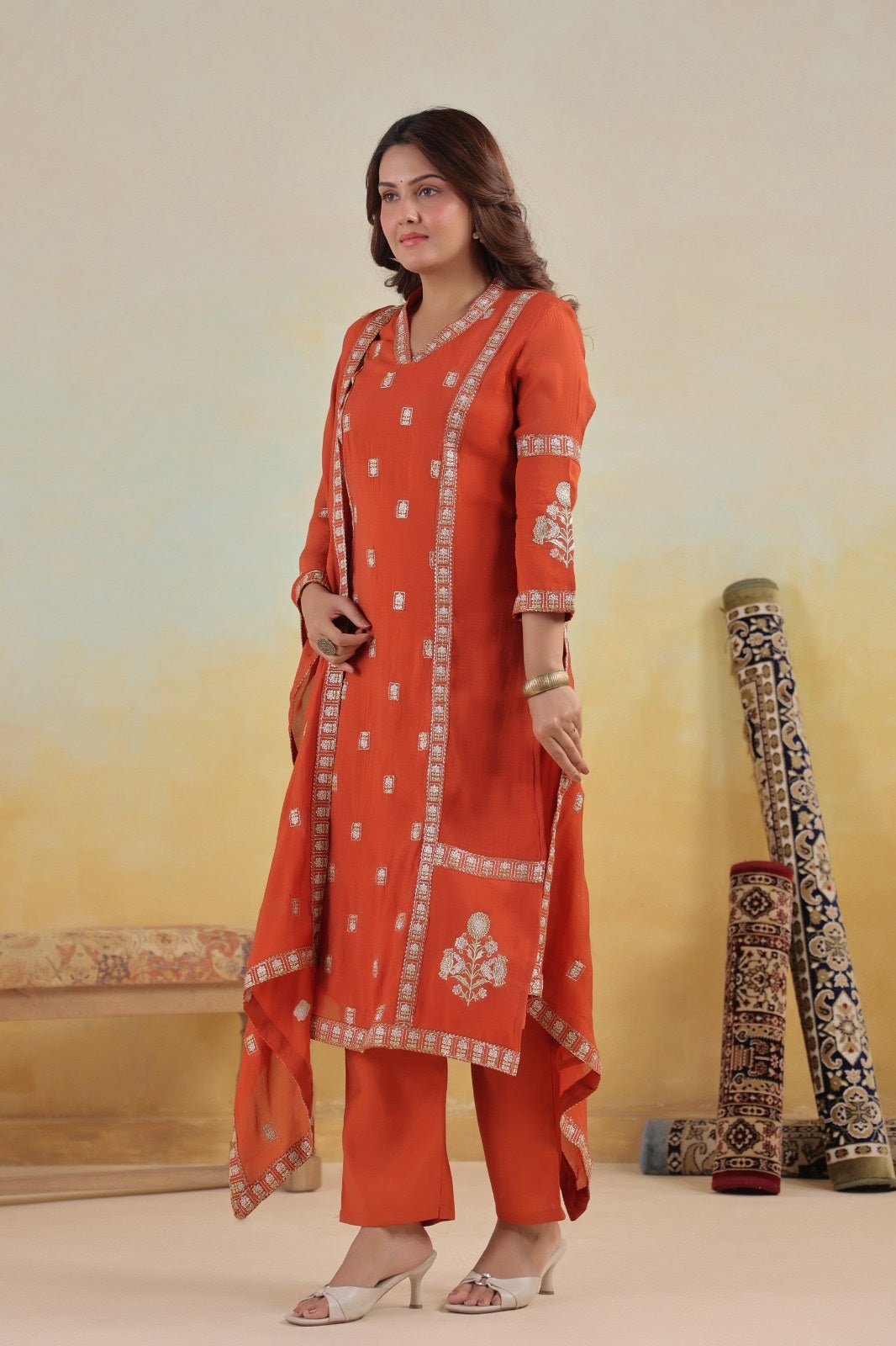 Ruhaani Rust Mul Chanderi Kurta Set With Jari Embroidery & Lining