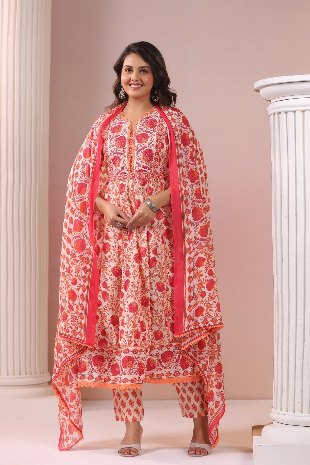 Madiha Red Cotton Anarkali Suit Set