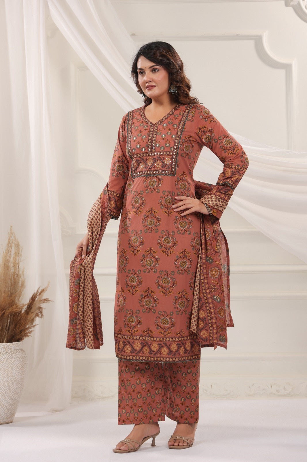 Mukta Peach Cotton Straight Salwar Suit Set With Kota Doria Dupatta For Women