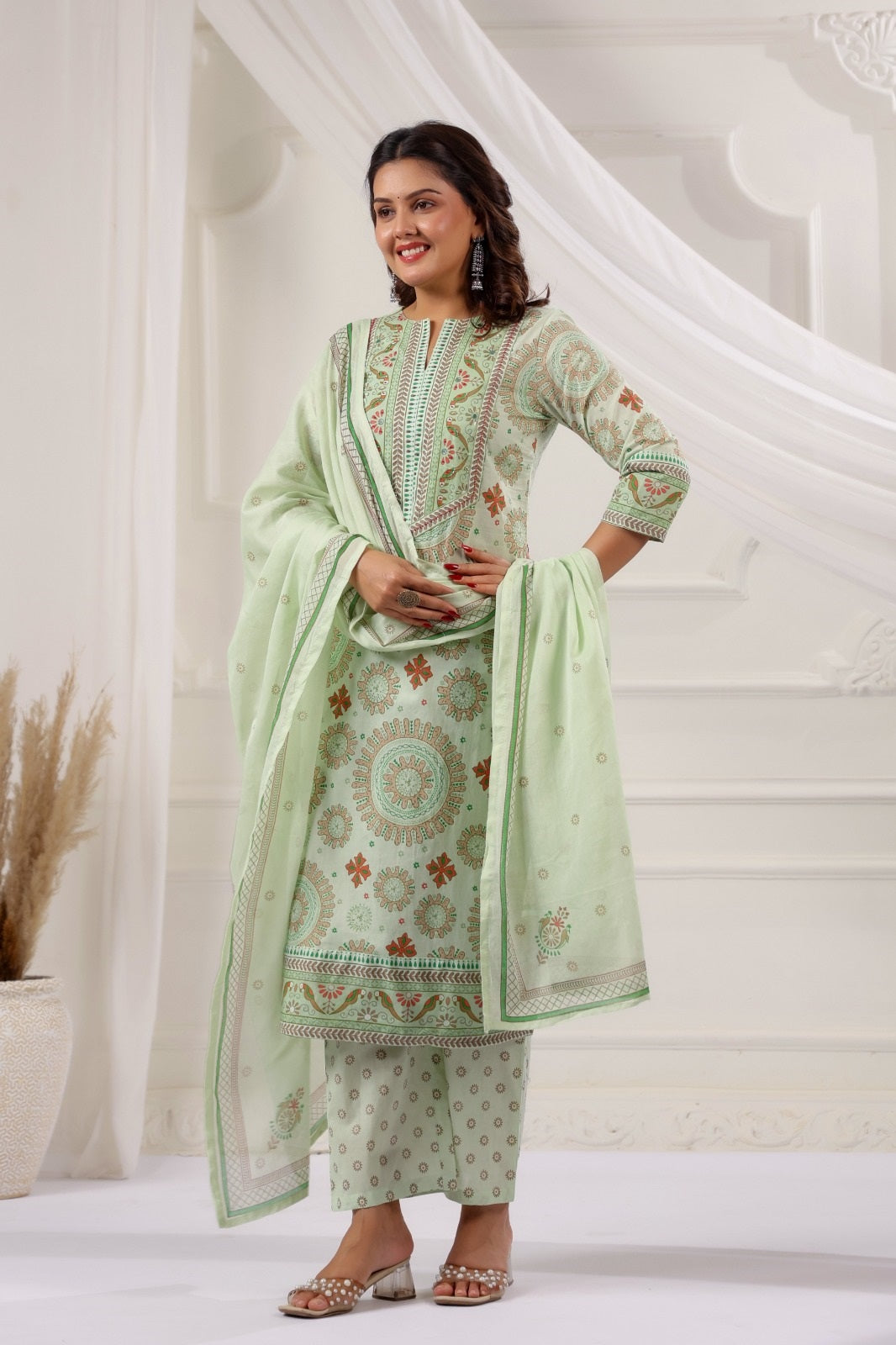 Bandita Pista Green Cotton Straight Suit Set For Women