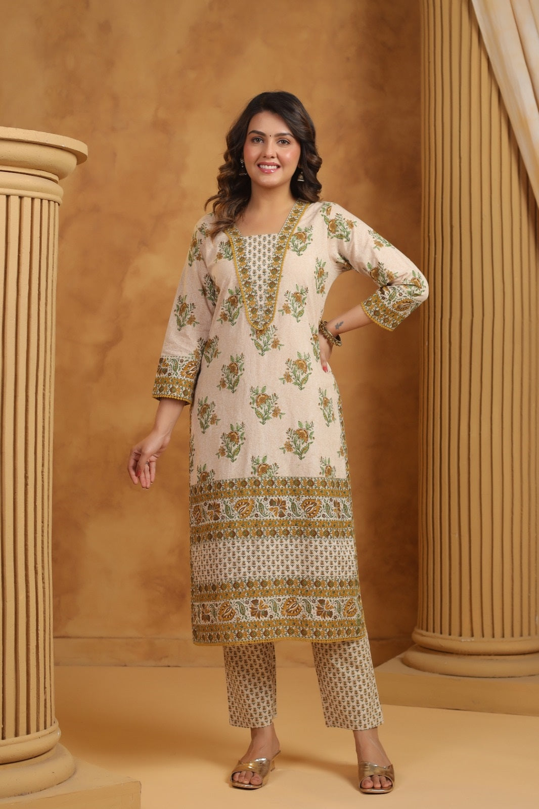 Shrija Green & Mustard Premium Cotton Handblock Printed Suit Set