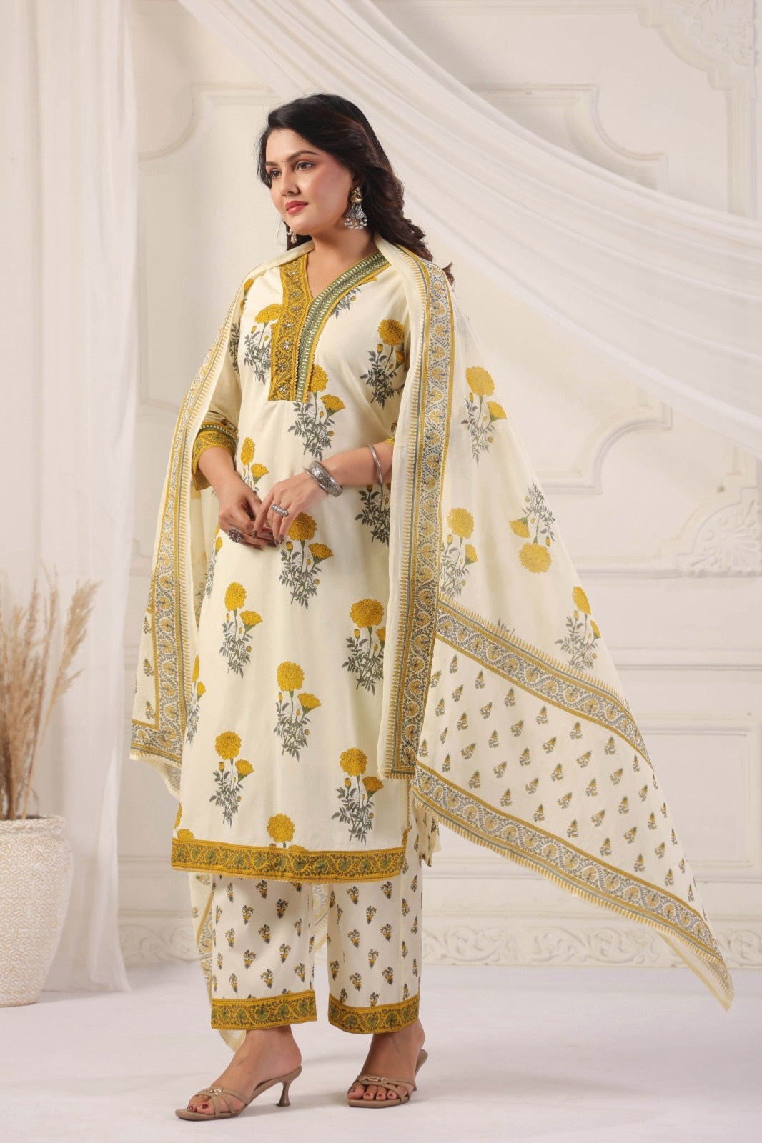 Shaila Yellow Cotton Salwar Suit Set For Women