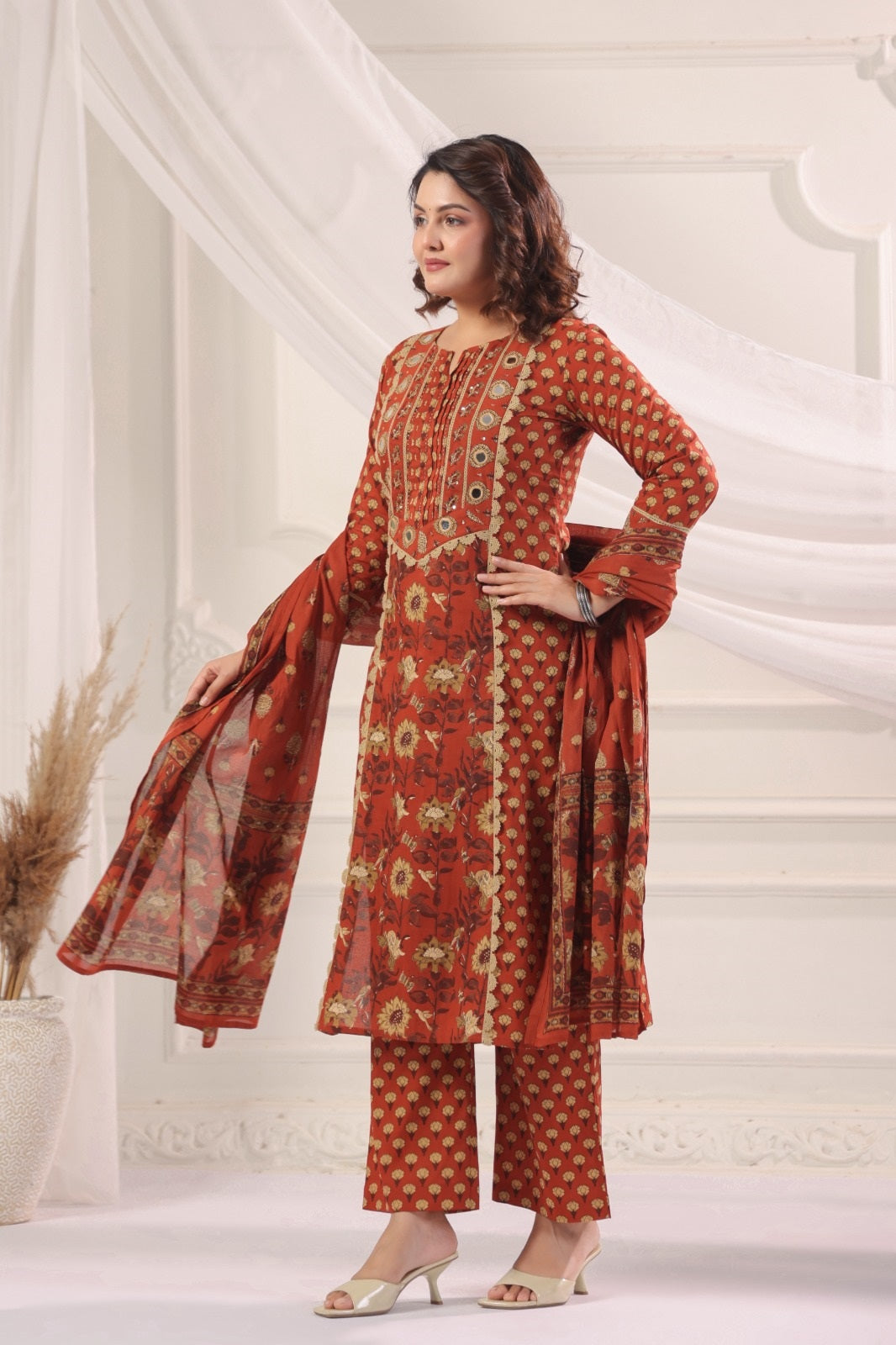 Satya Rust Cotton Straight Suit Set For Women