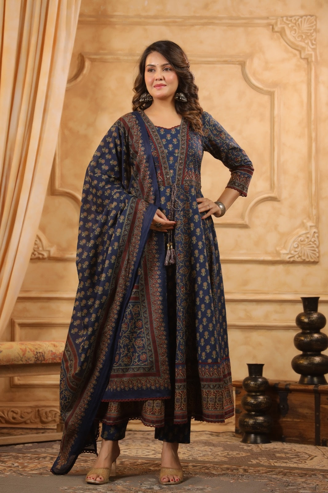 Zeenat Navy Blue Premium Cotton Anarkali Suit Set