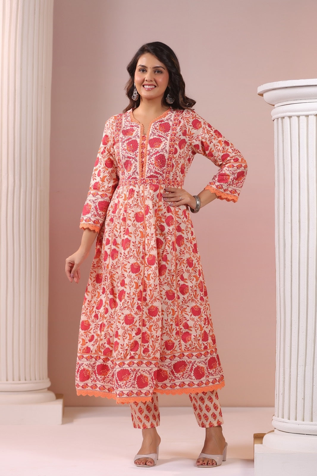 Madiha Red Cotton Anarkali Suit Set