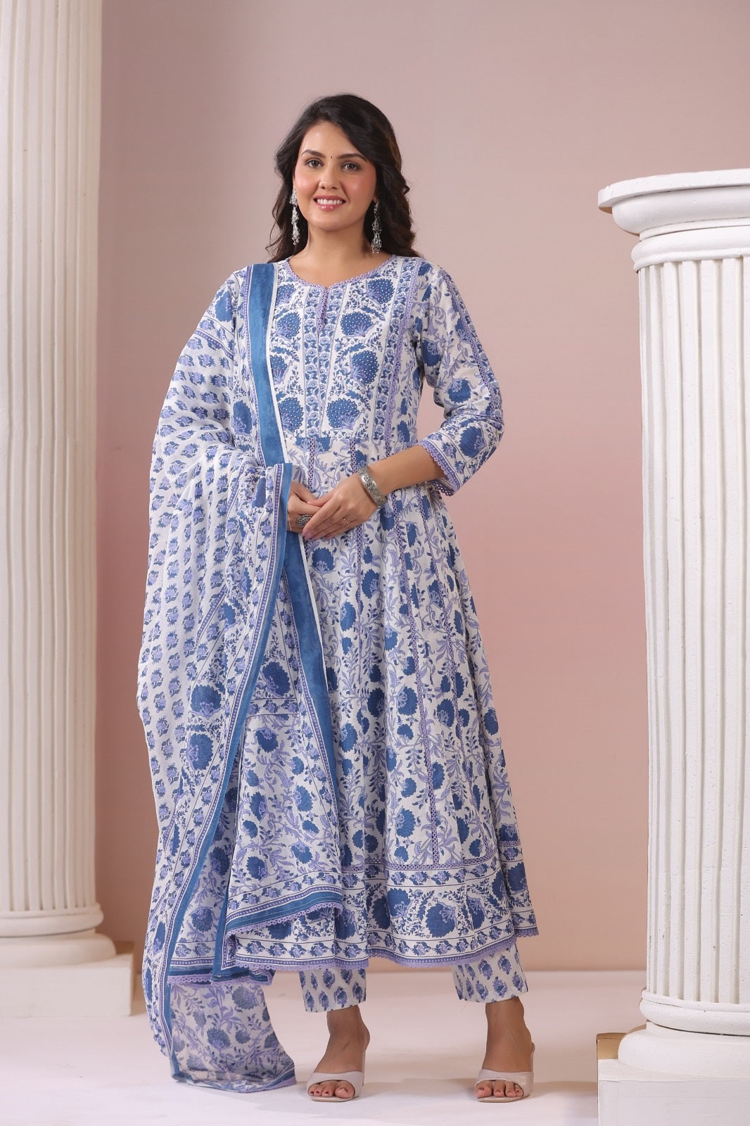 Izza Aqua Blue Floral Cotton Anarkali Set