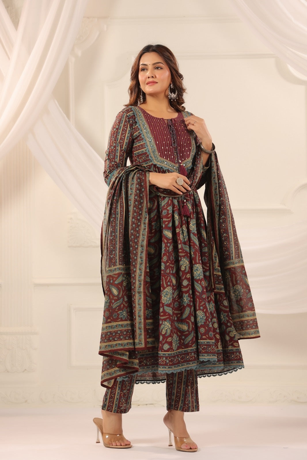Ruhi Wine Cotton Anarkali Suit Set