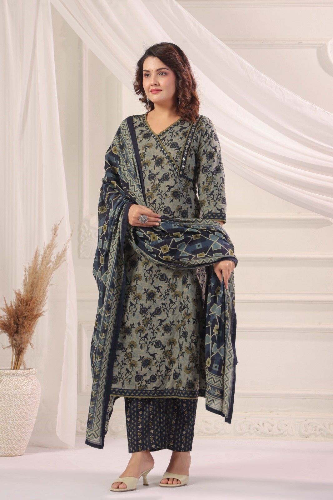 Gautami Blue Cotton A Line Suit Set For Women