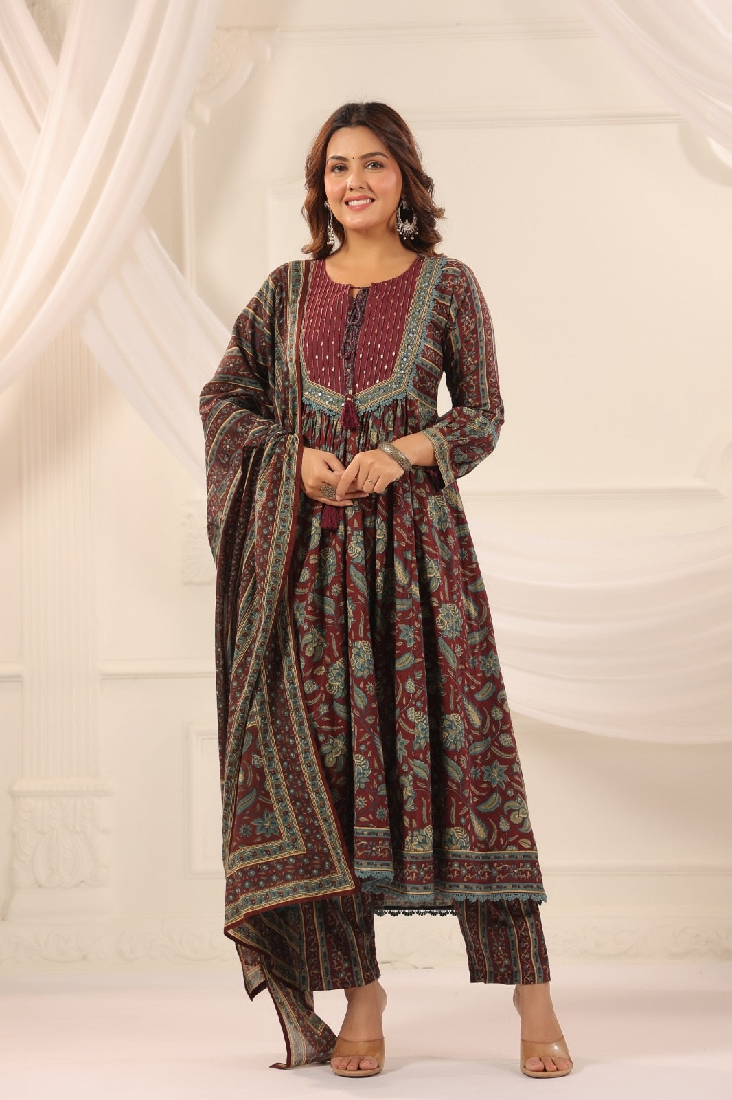 Ruhi Wine Cotton Anarkali Suit Set