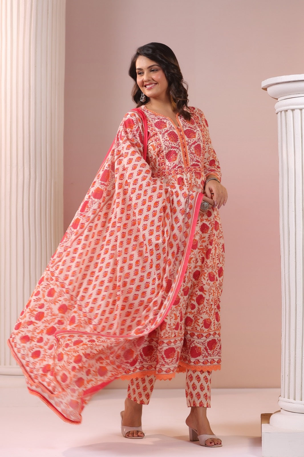 Madiha Red Cotton Anarkali Suit Set