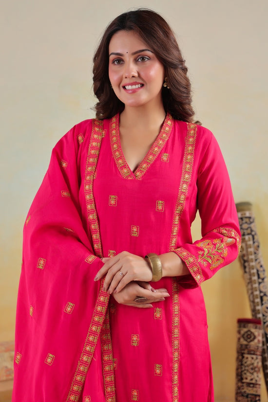Rumi Rani Pink Mul Chanderi Kurta Set With Jari Embroidery & Lining