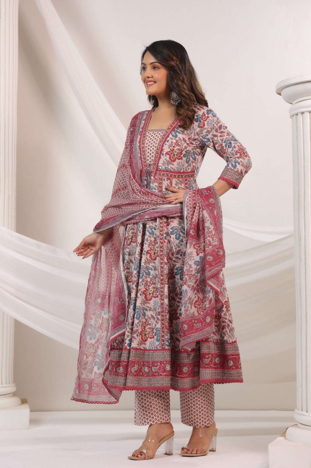 Ambar Blue & Maroon Cotton Anarkali Suit Set
