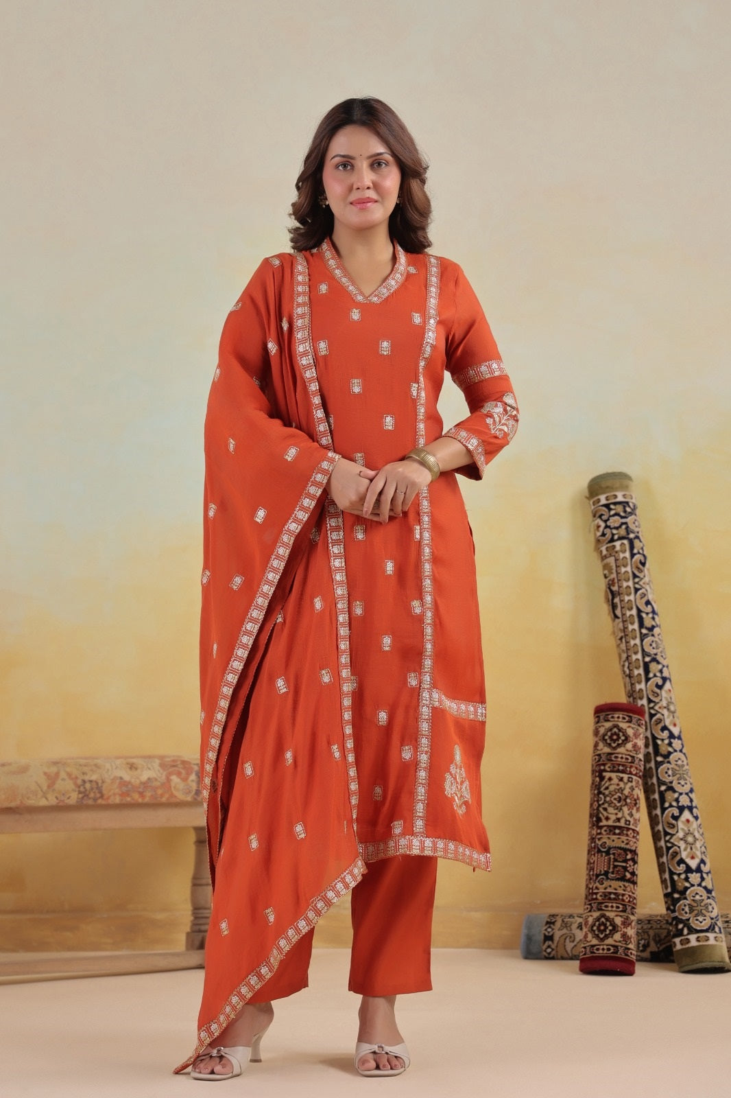 Ruhaani Rust Mul Chanderi Kurta Set With Jari Embroidery & Lining