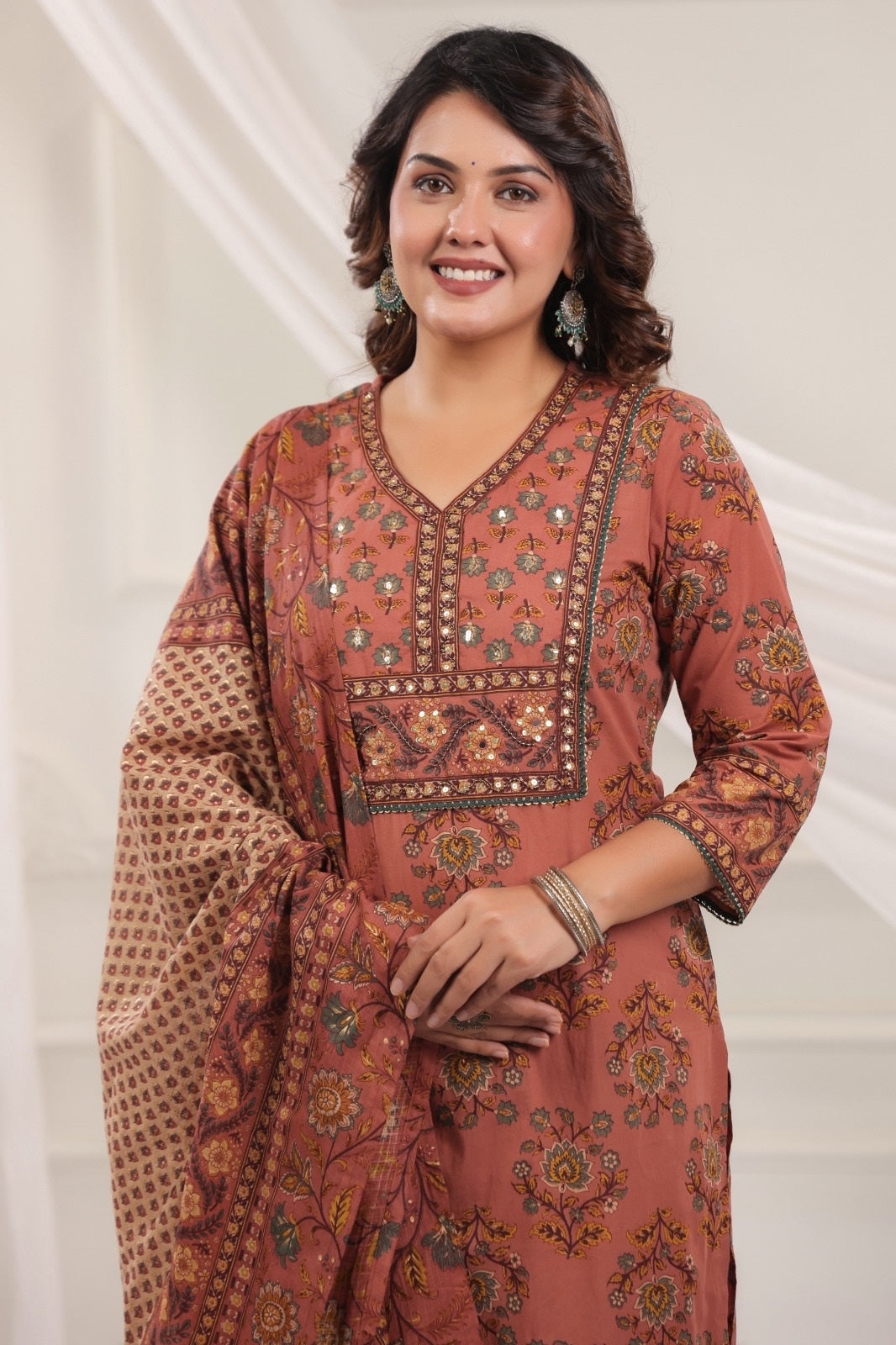 Mukta Peach Cotton Straight Salwar Suit Set With Kota Doria Dupatta For Women