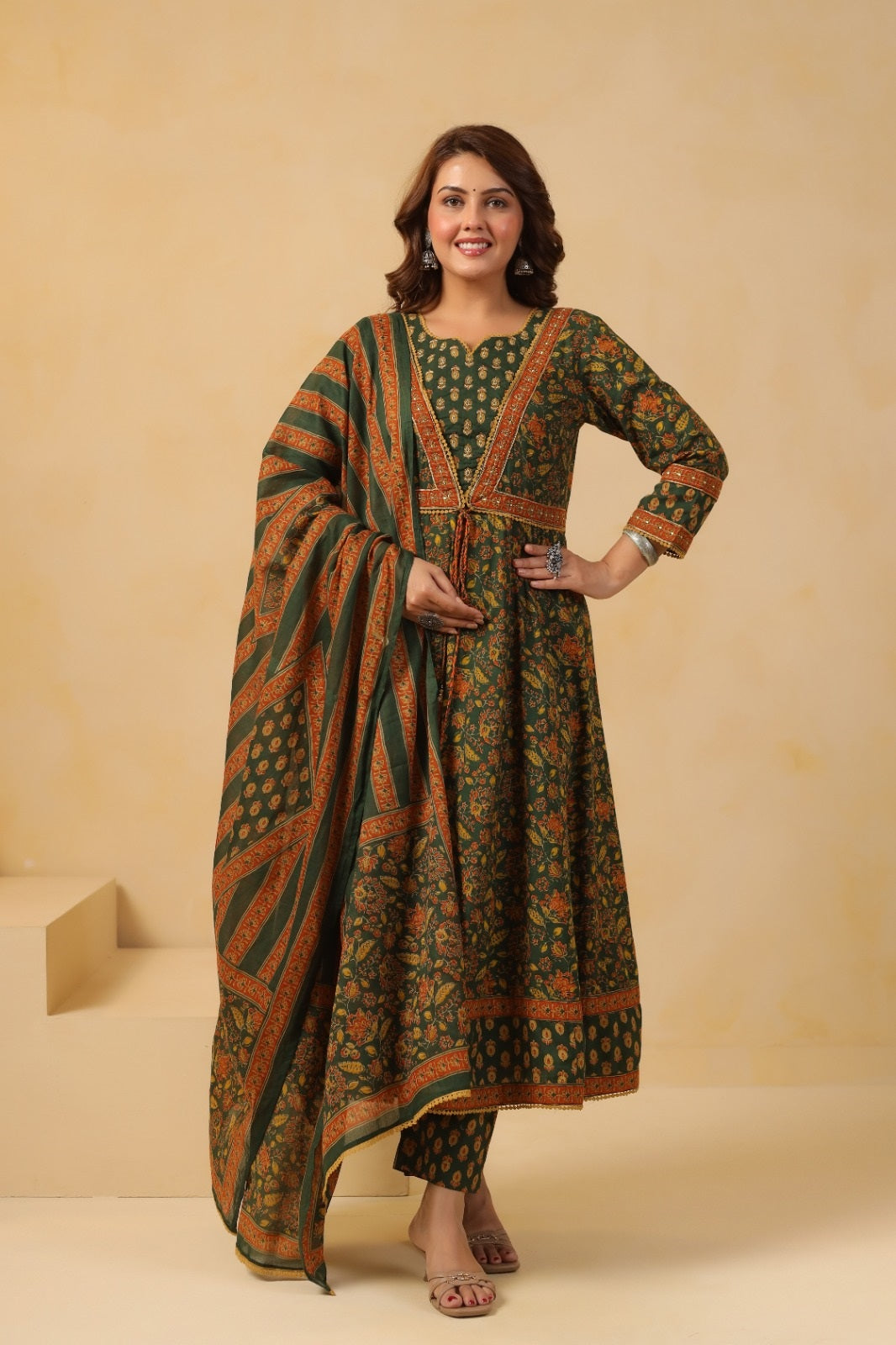 Zohra Green Premium Cotton Anarkali Suit Set