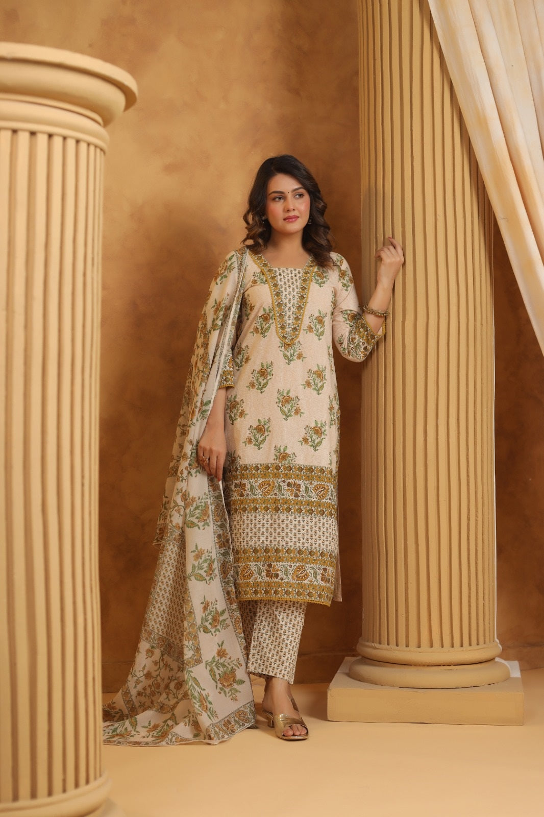 Shrija Green & Mustard Premium Cotton Handblock Printed Suit Set