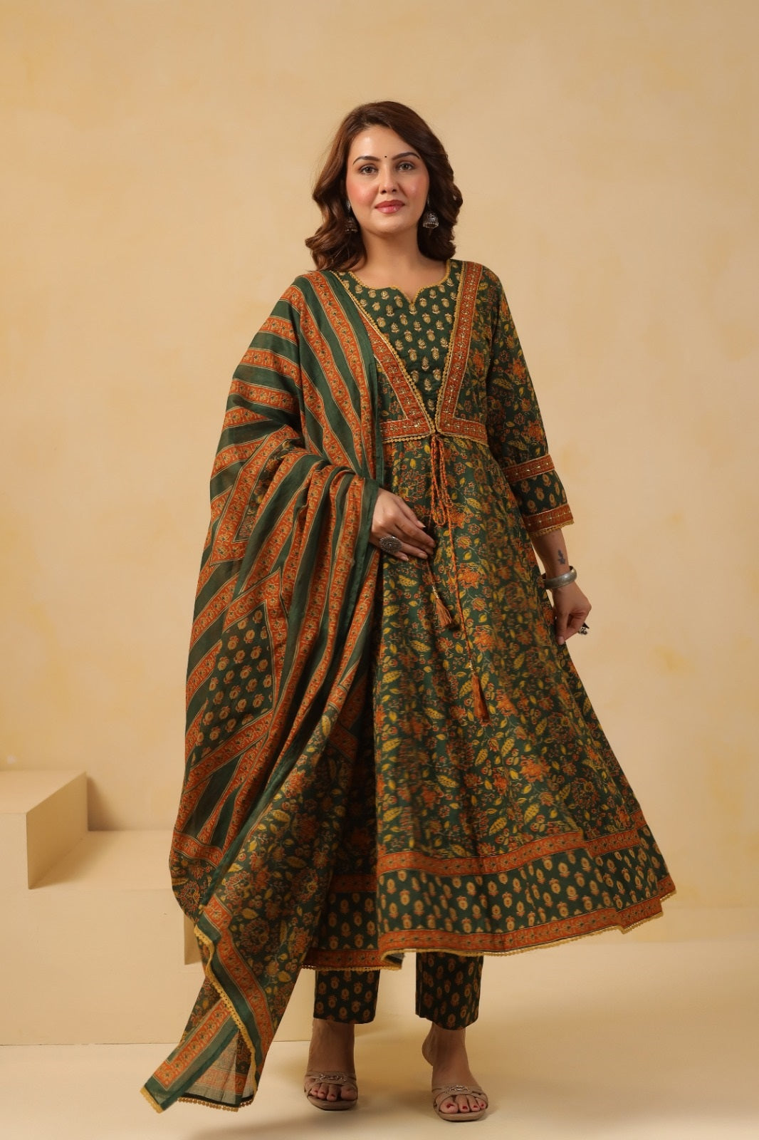 Zohra Green Premium Cotton Anarkali Suit Set