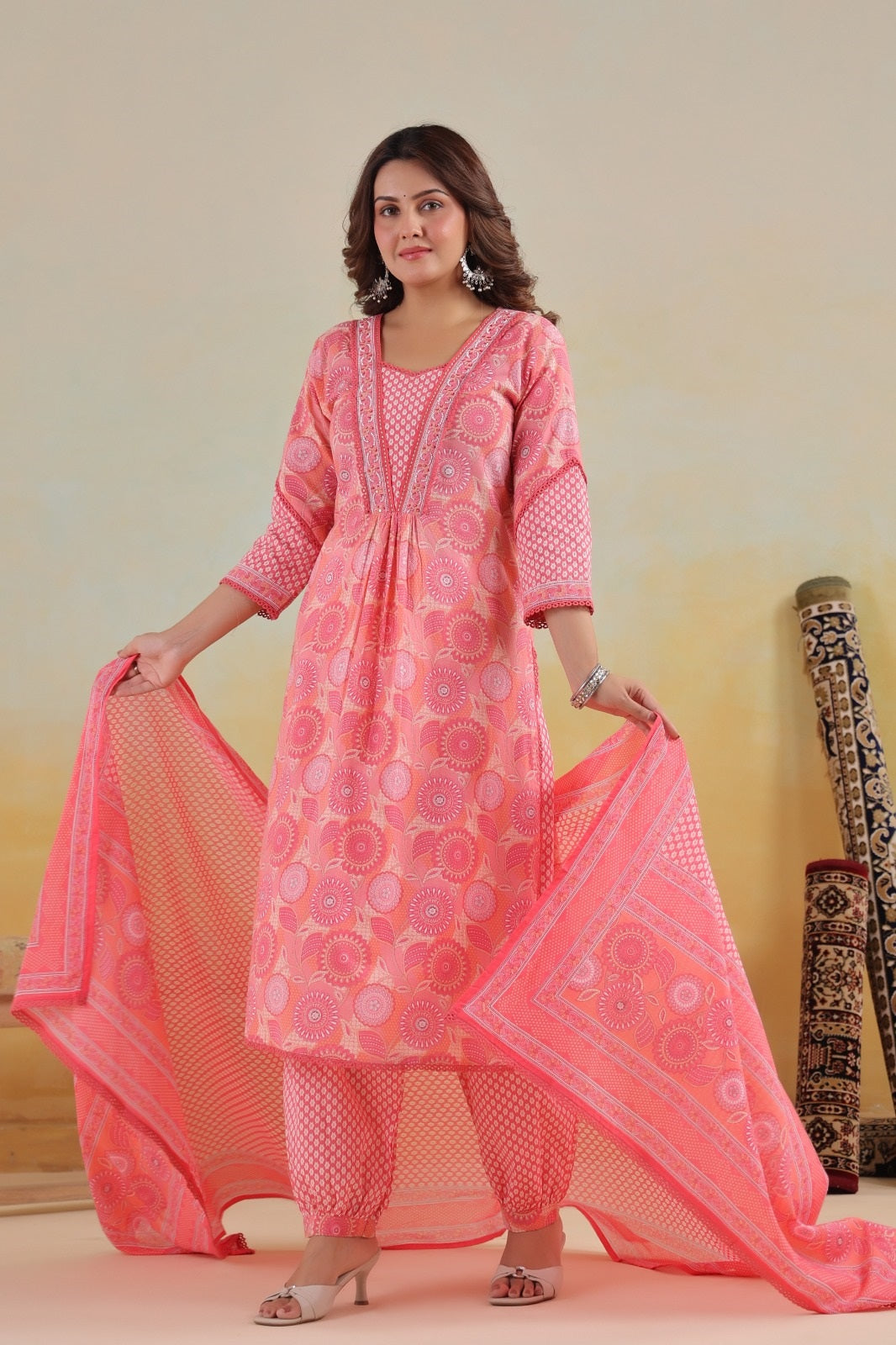 Gulnaar Pink Cotton A Line Suit Set
