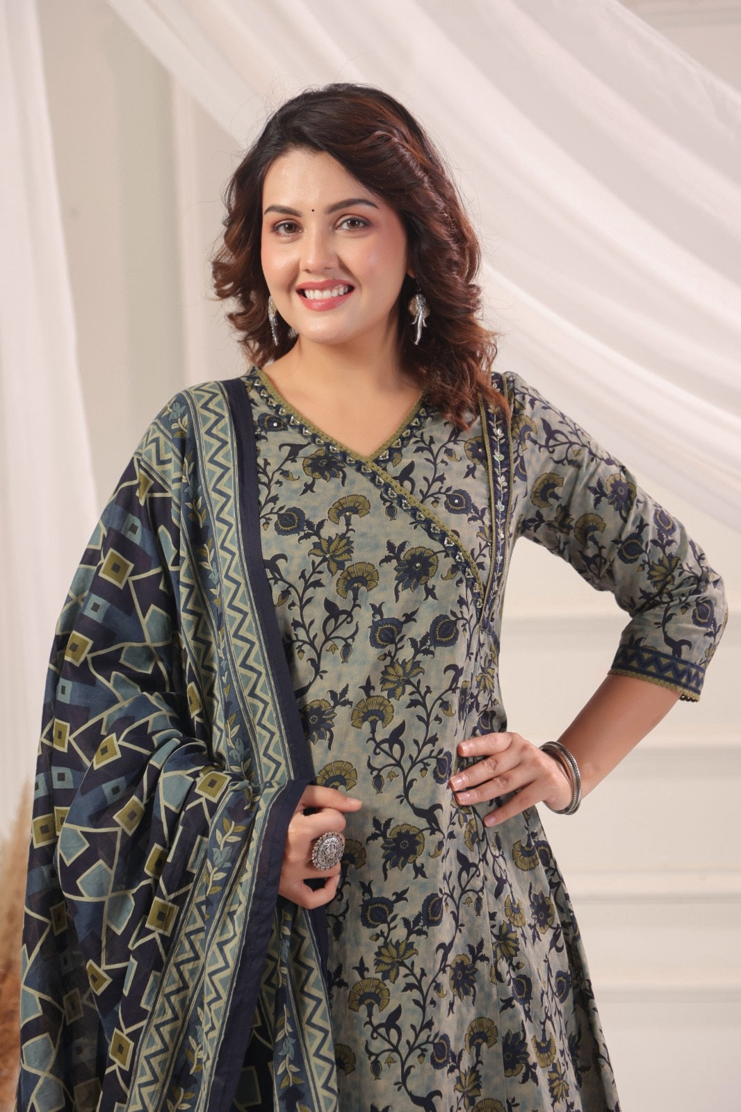 Gautami Blue Cotton A Line Suit Set For Women