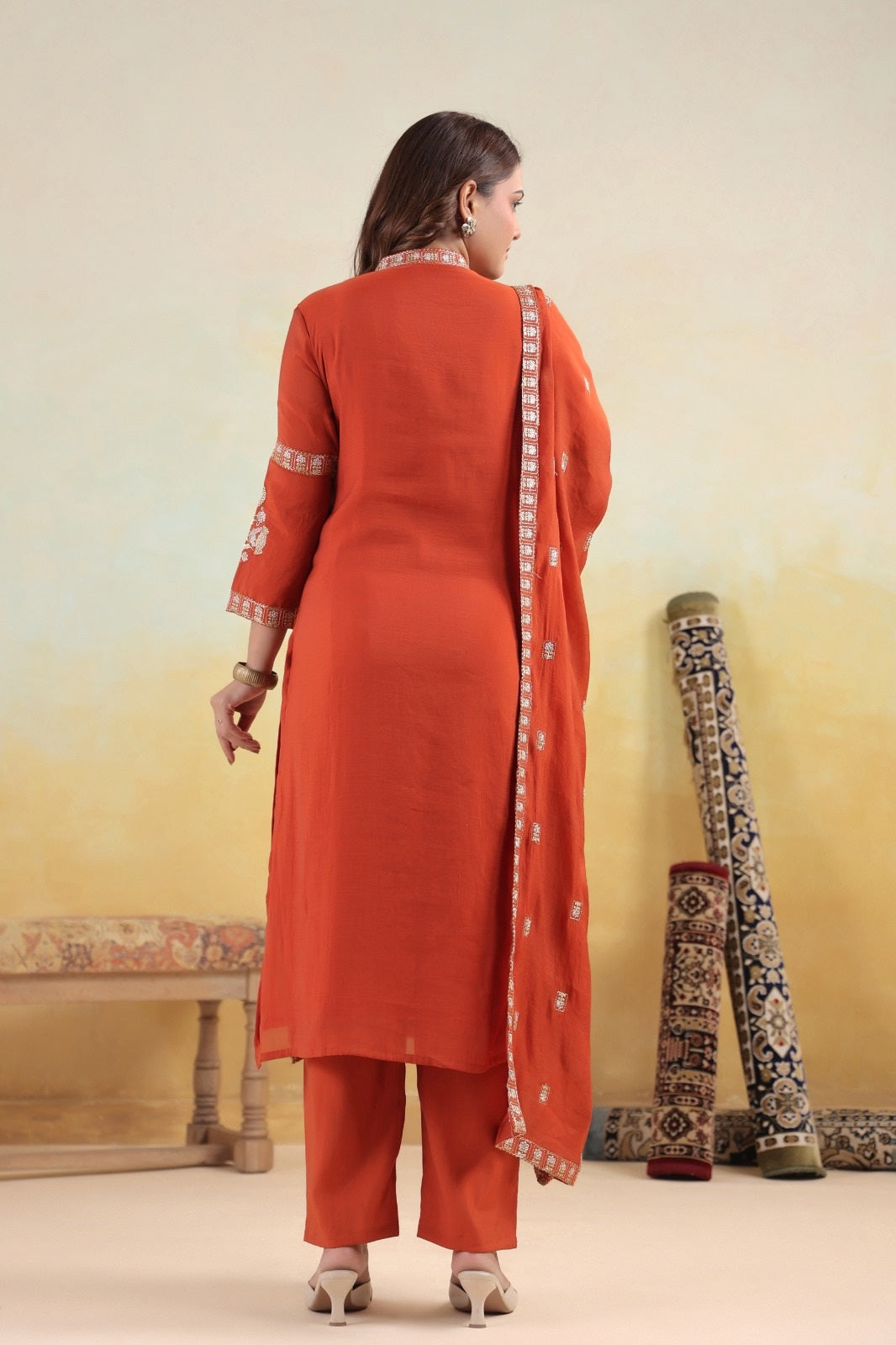 Ruhaani Rust Mul Chanderi Kurta Set With Jari Embroidery & Lining