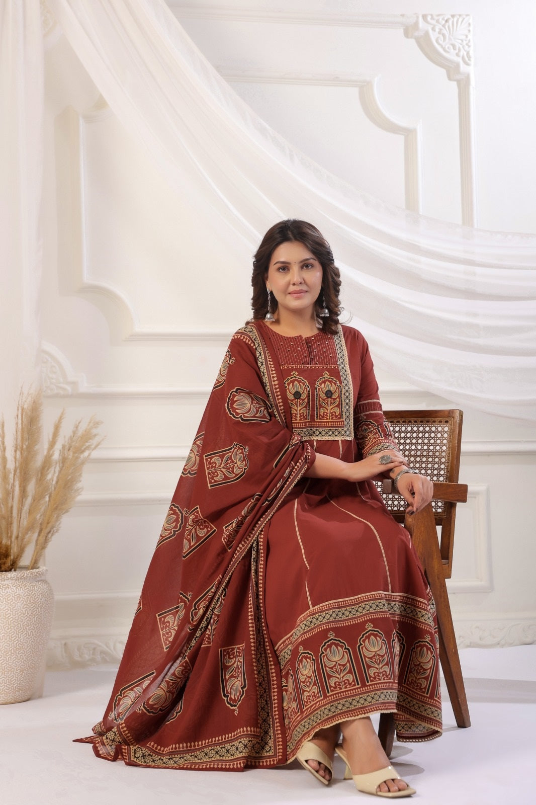 Rukmini Rust Red Cotton Anarkali Suit Set For Women