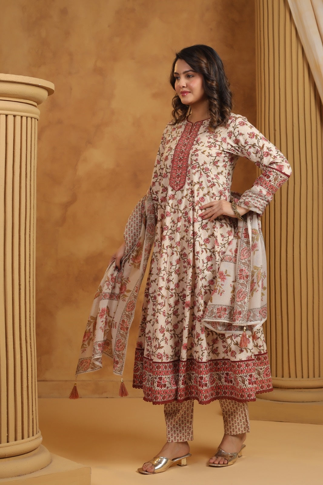 Gulnoor Maroon Cotton Anarkali Suit Set