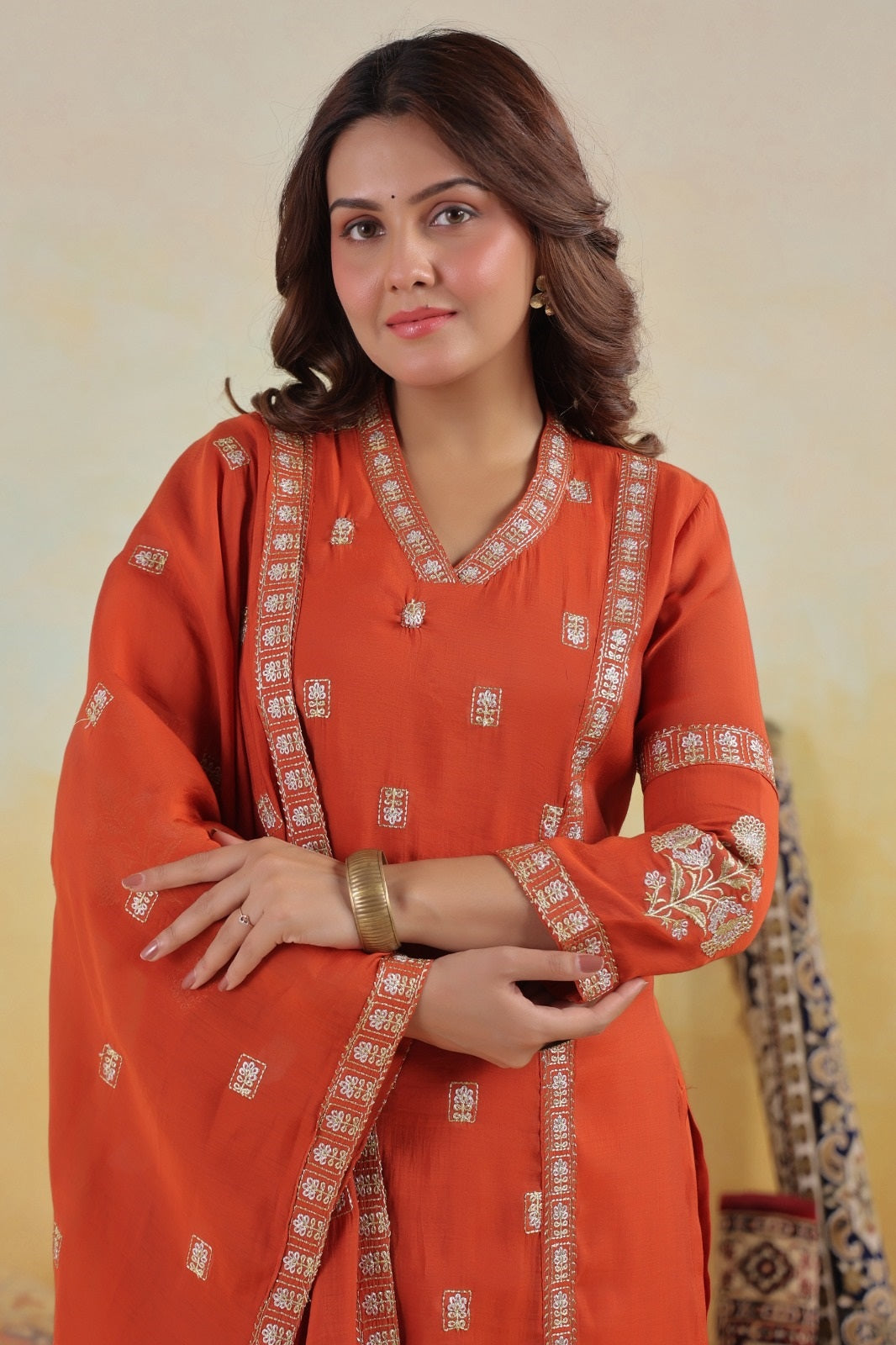 Ruhaani Rust Mul Chanderi Kurta Set With Jari Embroidery & Lining