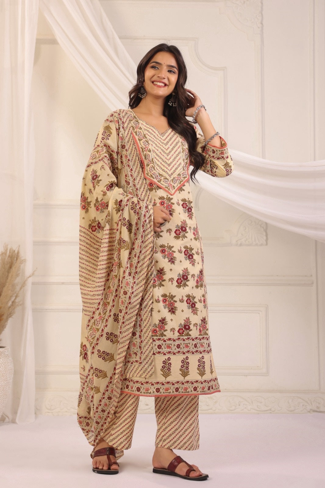 Gauri Beige Maroon Cotton Straight Suit Set For Women