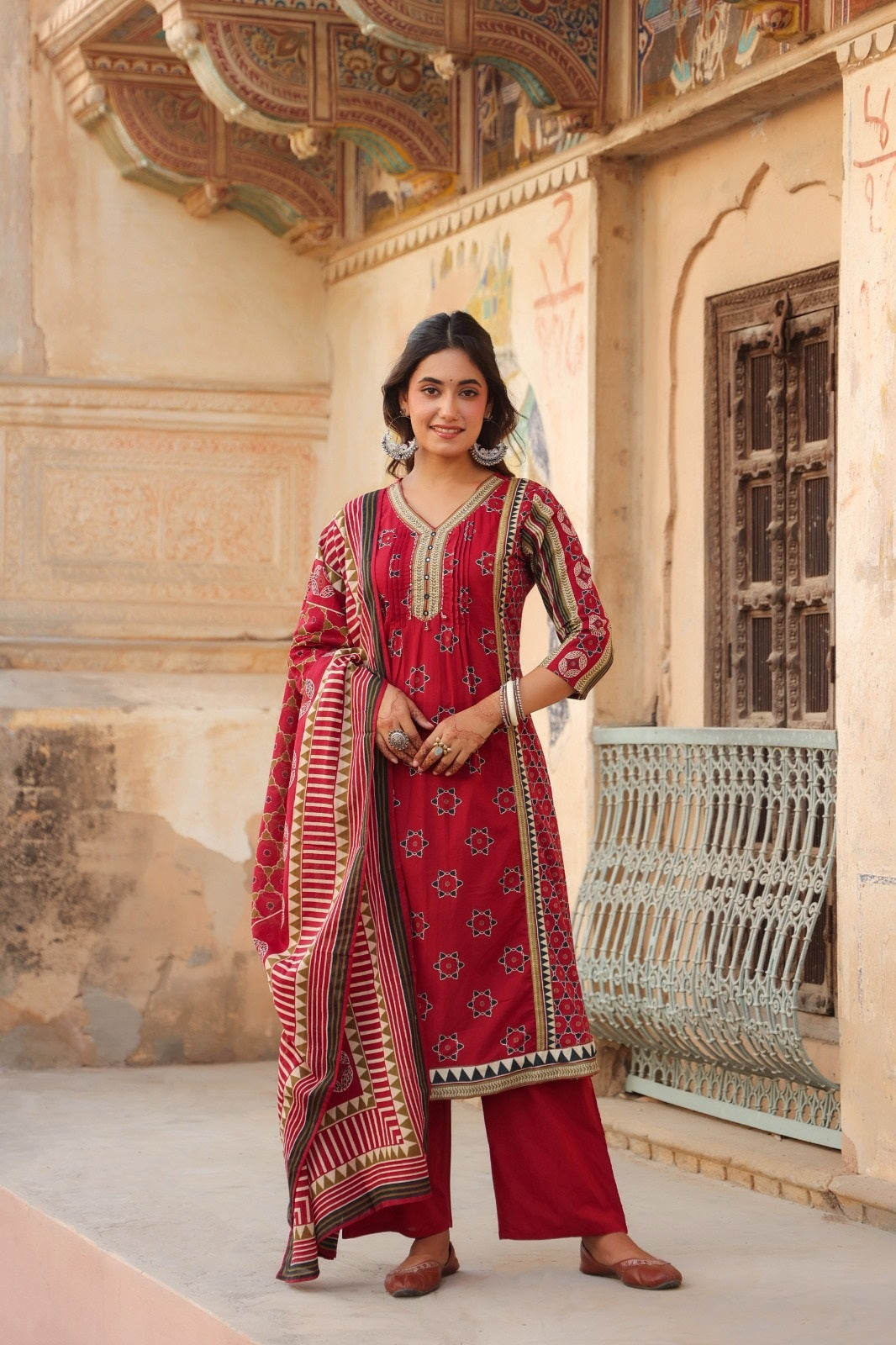 Akshita Red Cotton A Line Suit Set For Women