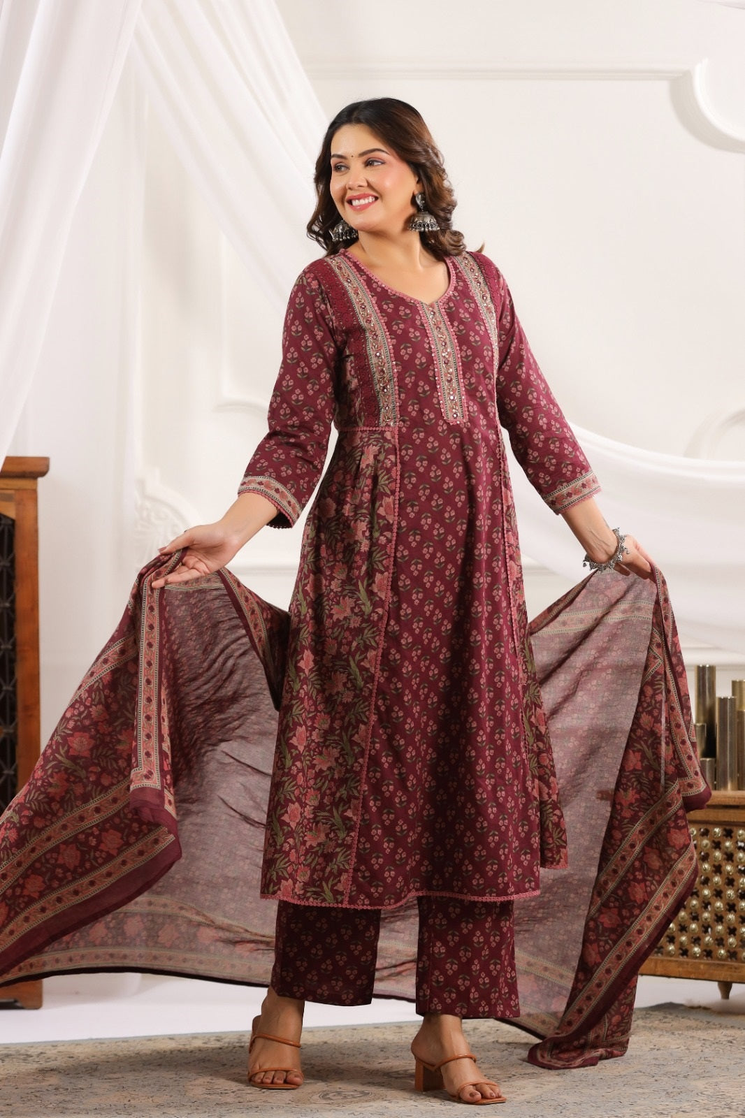 Chhavi Wine Cotton A Line Suit Set