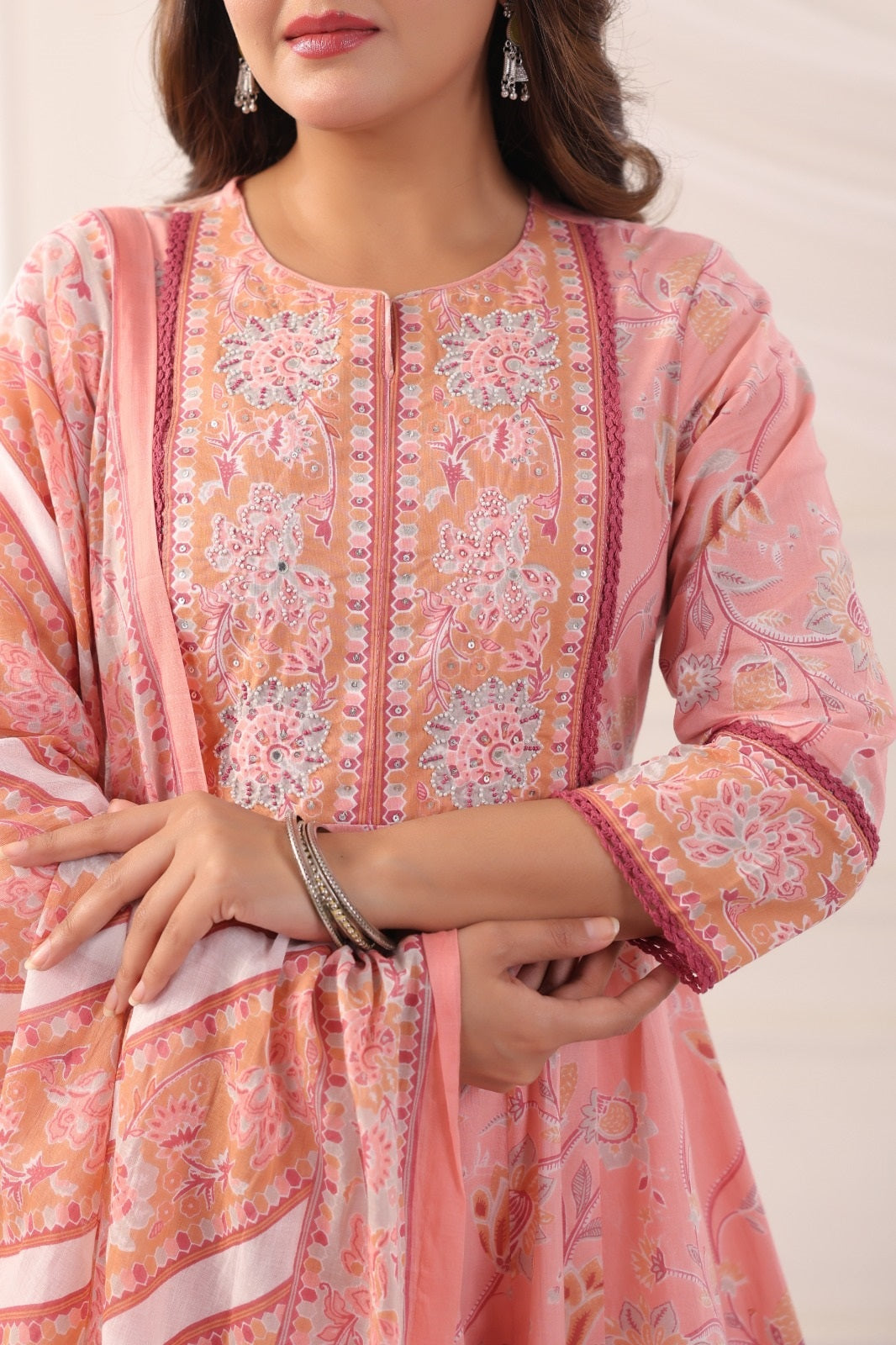 Ishani Pink Cotton Anarkali Suit Set For Women