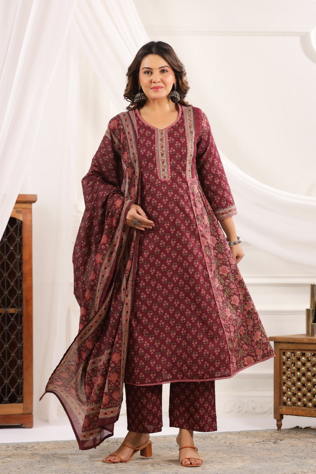 Chhavi Wine Cotton A Line Suit Set