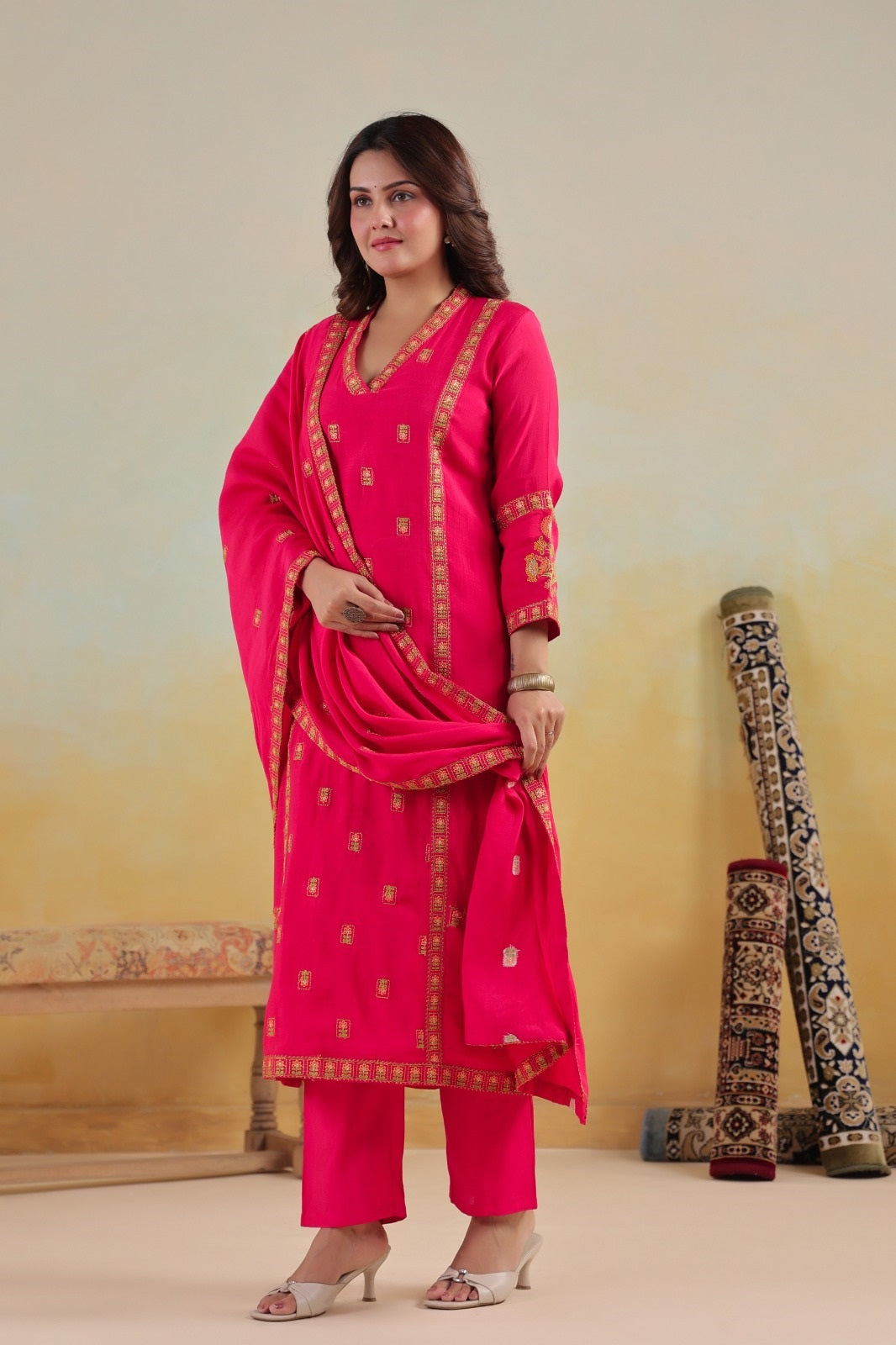 Rumi Rani Pink Mul Chanderi Kurta Set With Jari Embroidery & Lining