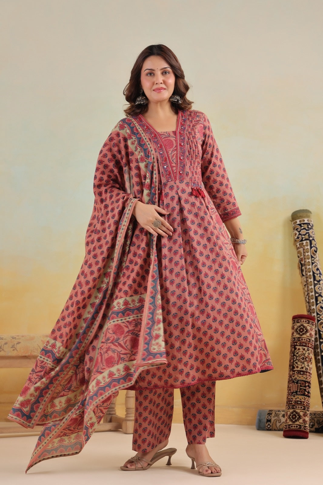 Iktara Onion Pink Cotton A Line Suit Set