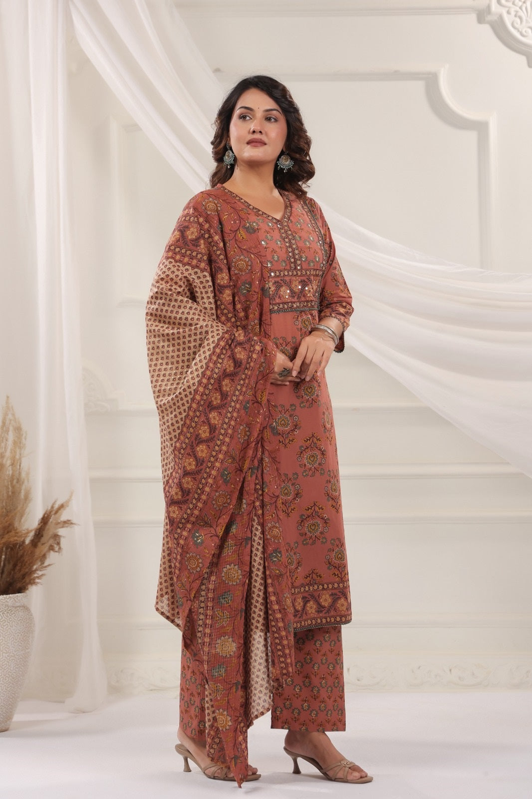 Mukta Peach Cotton Straight Salwar Suit Set With Kota Doria Dupatta For Women