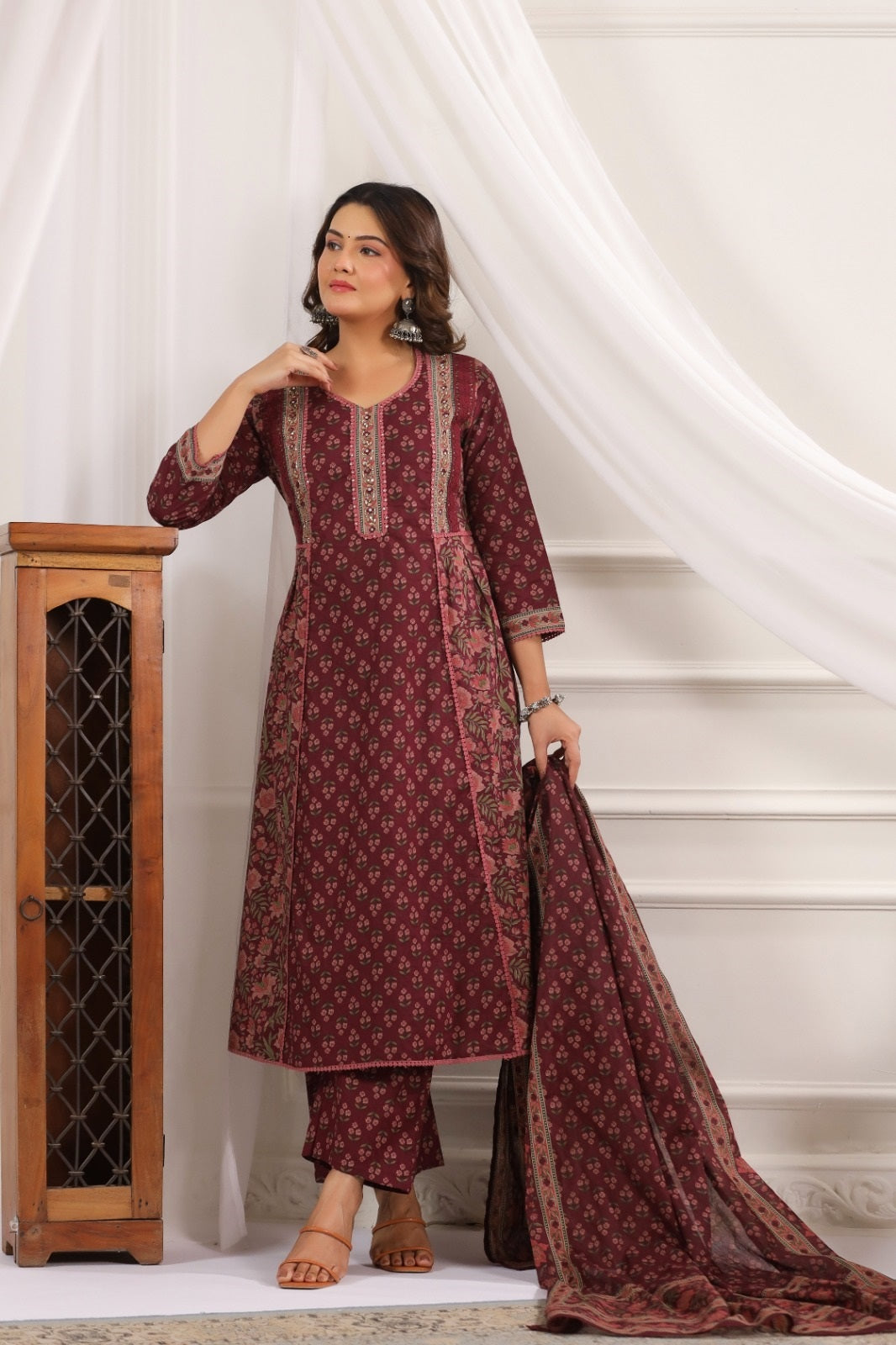 Chhavi Wine Cotton A Line Suit Set
