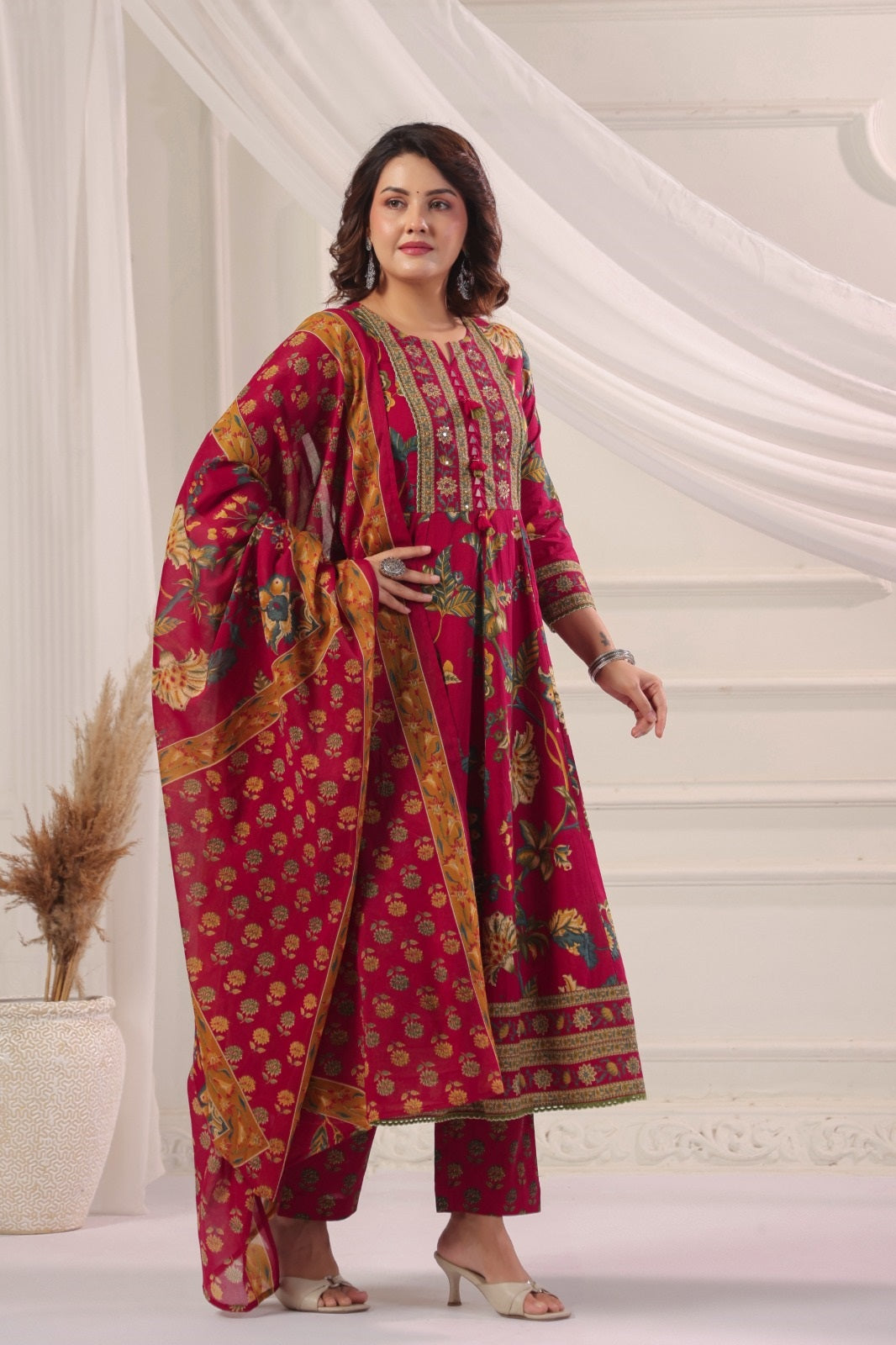 Rukmini Red Cotton Anarkali Suit Set For Women
